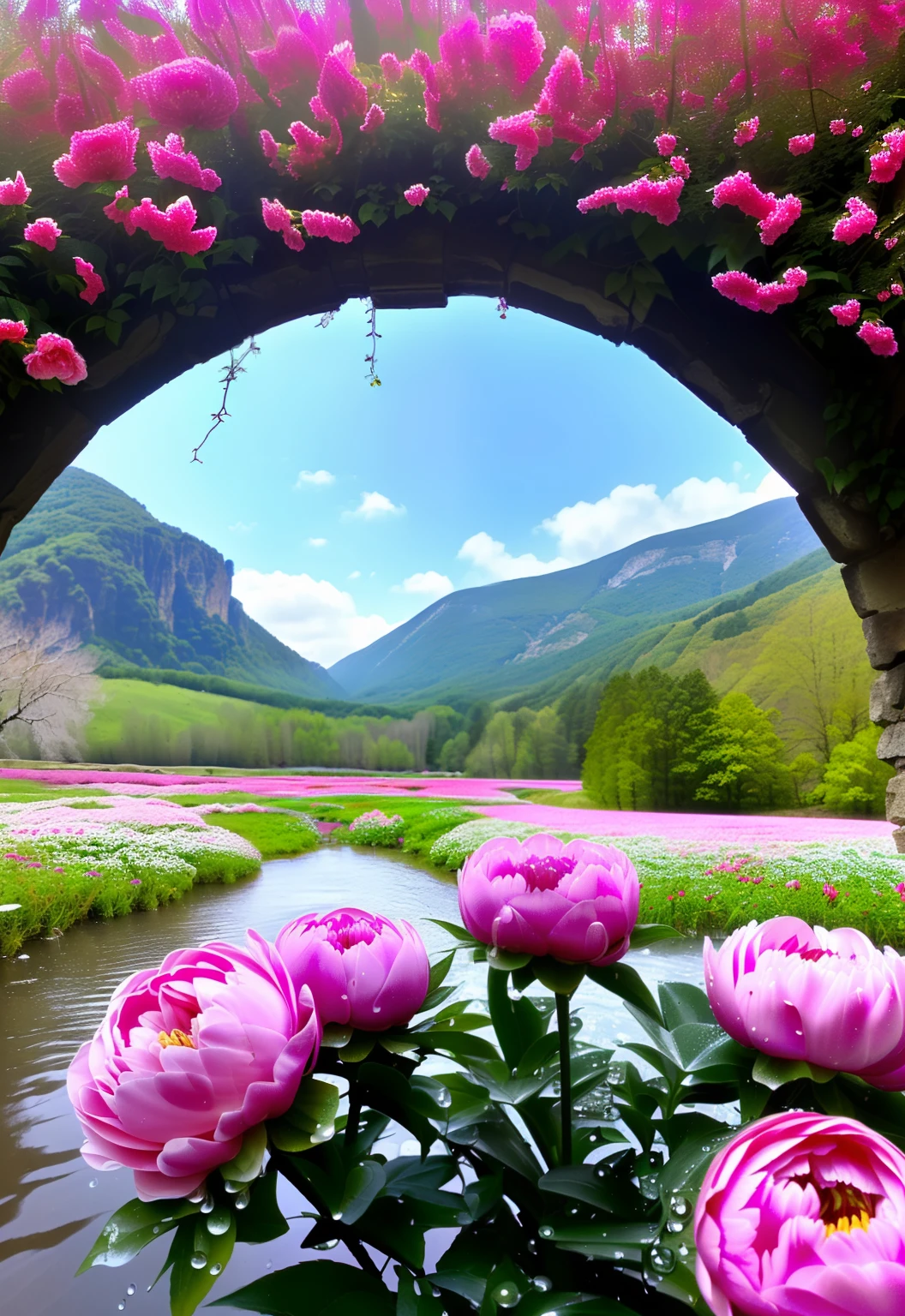 Peony blooming flowers,fanciful,dreamlike imagery,Fantastic nature,drippy,Realistic and ethereal,great outdoors,Real peony flowers,With water droplets,Hyper Real,In the mountains,beautful view,(jiayi:1.5), closeup cleavage, tmasterpiece, best qualtiy, RAW photogr, Incredibly Ridiculous res, depth of fields, A high resolution, ultra - detailed, finedetail, The is very detailed,tack sharp focus, cinmatic lighting