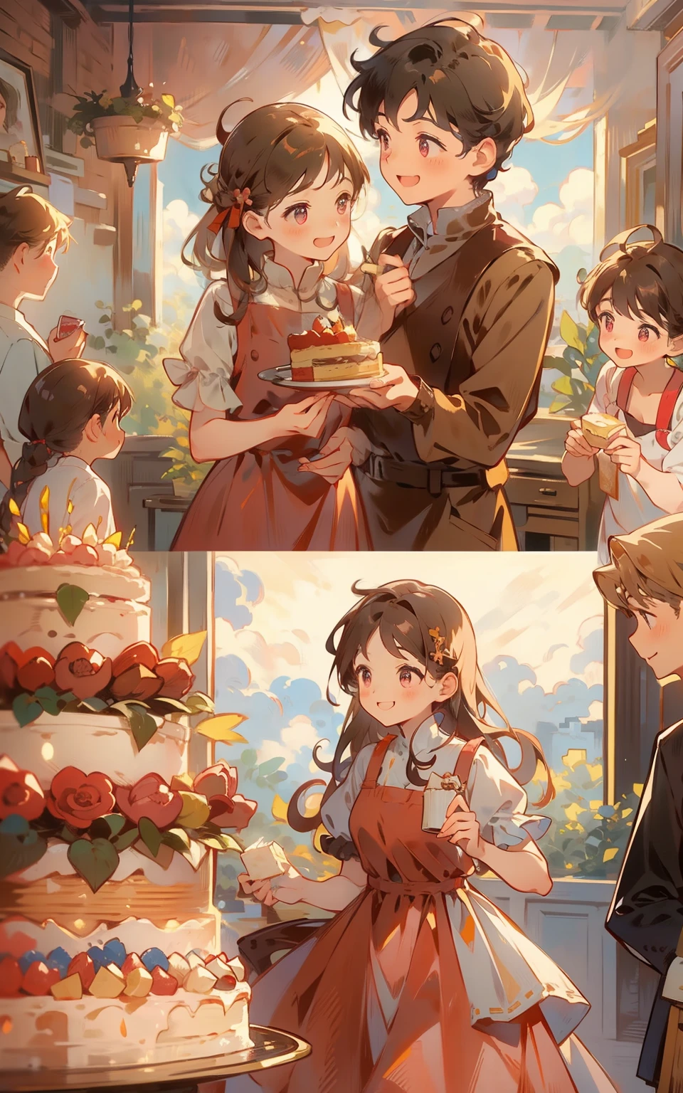 9. Sweet moments:A beautiful maiden wearing a maroon dress,Holding a cake in his hand,She smiled and shared this delicious and sweet moment with her friends。