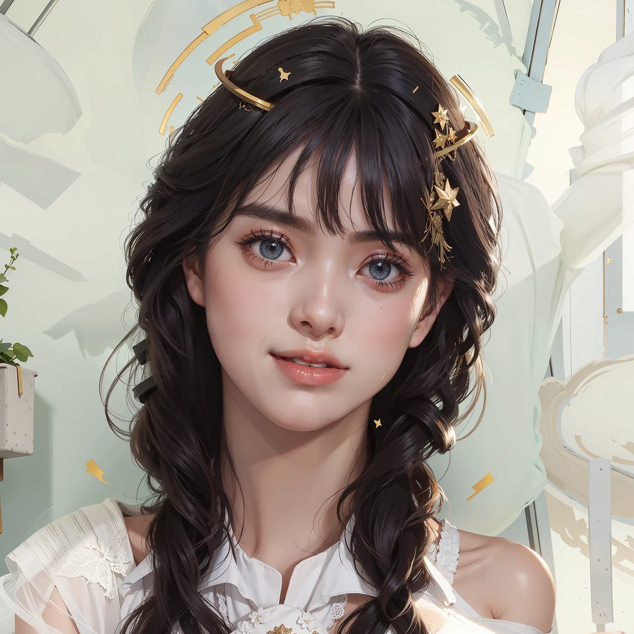 (((woman))), (((best qualityer))), (((tmasterpiece))), (((AS-Adult))), Cute girls,super cute girls,lovely and delicate,Playful and cute,largeeyes,Young girls,(hoang lap,A high resolution,ultra - detailed),1womanl,15 year old girl,Fine eyes and detailed face,the Extremely Detailed CG Unity 8K Wallpapers,Complicated details,up looking,独奏,Half shot,详细的脸,Stoic expression,Bust,busts,Portrait photography,European and American women,European and American,Caucasians,Capua, Old vineyard, oracle, (Intact:1.1) Marble building, As estrelas, Halo, Majestic atmosphere, Floating stone particles, sportrait, The wind rotates,Straight hair that is separated shoulder to shoulder,Dressed in a white robe, The skin is very fair,