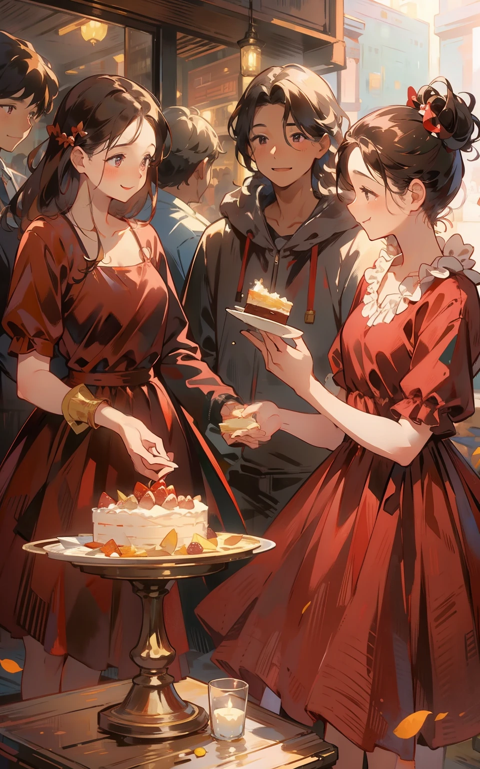 9. Sweet moments:A beautiful maiden wearing a maroon dress,Holding a cake in his hand,She smiled and shared this delicious and sweet moment with her friends。