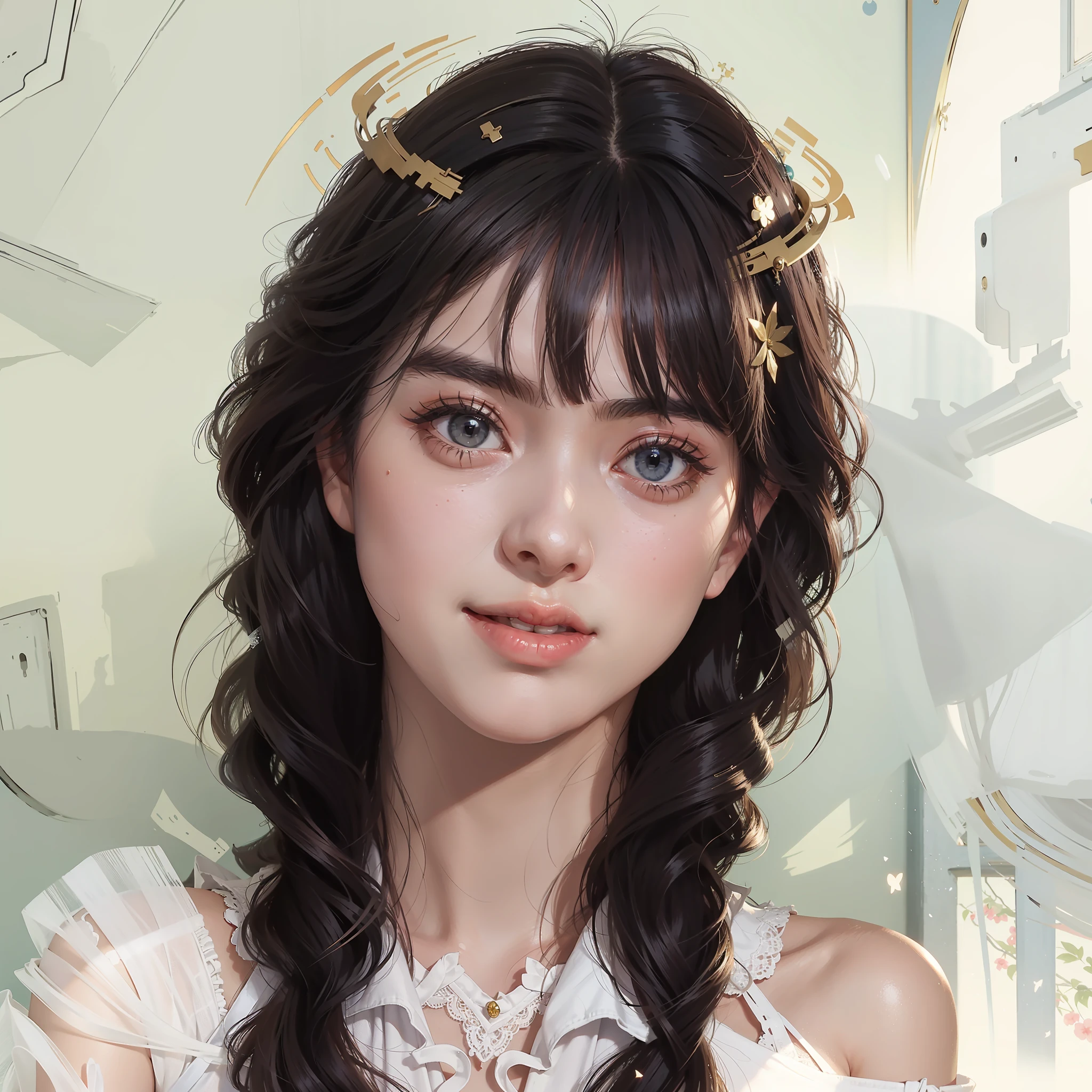(((woman))), (((best qualityer))), (((tmasterpiece))), (((AS-Adult))), Cute girls，super cute girls，lovely and delicate，Playful and cute，largeeyes，Young girls，（hoang lap，A high resolution，ultra - detailed），1womanl，15 year old girl，Fine eyes and detailed face，the Extremely Detailed CG Unity 8K Wallpapers，Complicated details，up looking，独奏，Half shot，详细的脸，Stoic expression，Bust，busts，Portrait photography，European and American women，European and American，Caucasians，Capua， Old vineyard， oracle，  （Intact：1.1） Marble building，  As estrelas， Halo， Majestic atmosphere， Floating stone particles， sportrait， The wind rotates，Straight hair that is separated shoulder to shoulder，Dressed in a white robe, The skin is very fair，