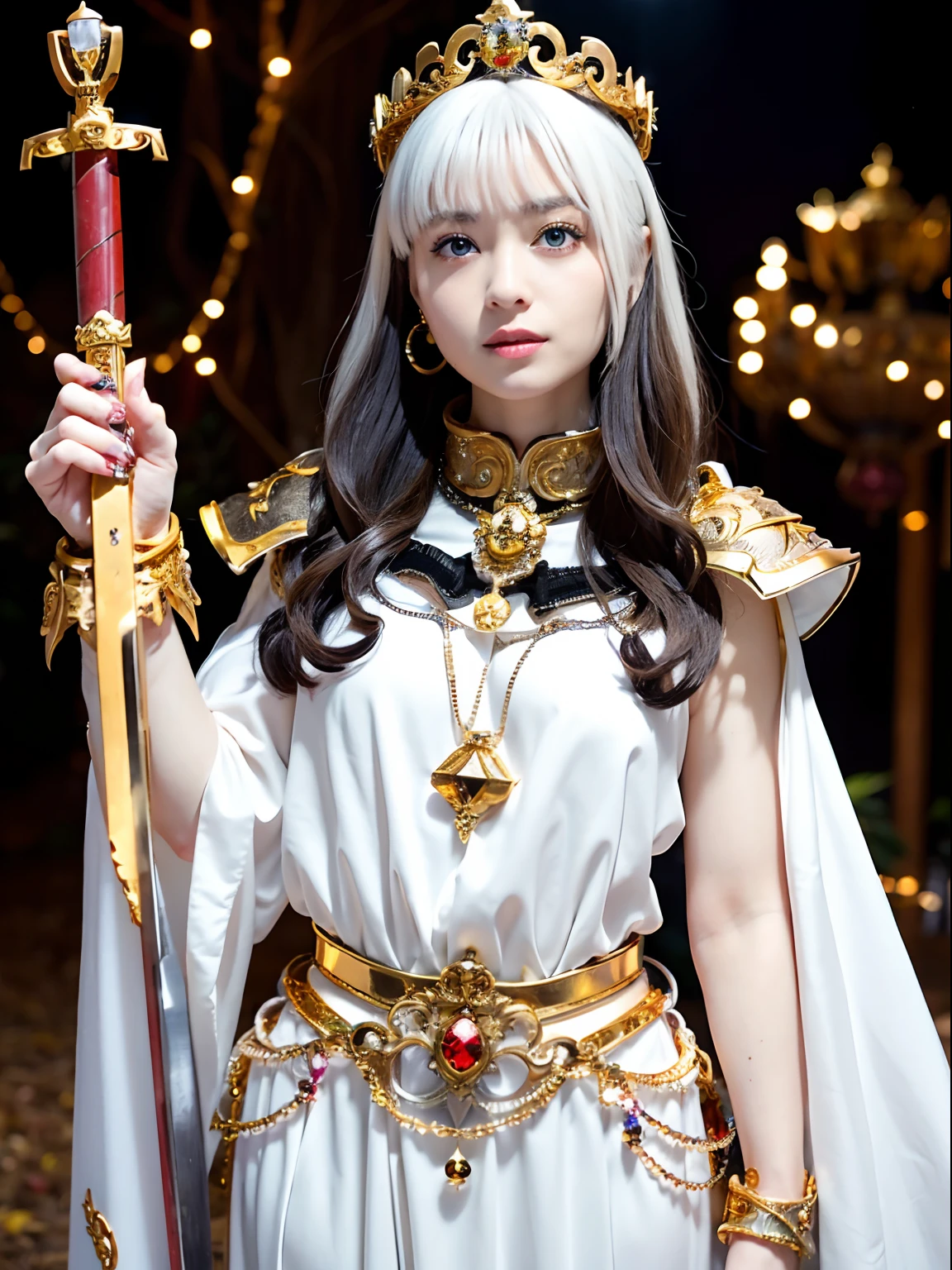 (masutepiece), Professional , masterpiece、top-quality、photos realistic , depth of fields (Gemstone Silver Metal Body:1.9),(Matte White、Jewel Gold Weapon(Jewel Metal Body:1.4),Gorgeous metal weapons , Detailed Sword of the Brave , Beautiful knife ,warhammer 40k , adepta sororitas,Detail and ornate jewel crown、Black hair、Gangle's forest background、Beautiful Caucasian beauty、1a person、dynamic ungle,(((Detailed and ornate diamond crown)))、Smaller head、A smile、Take a sexy pose、Background inside the castle、Thin and beautiful female hands、