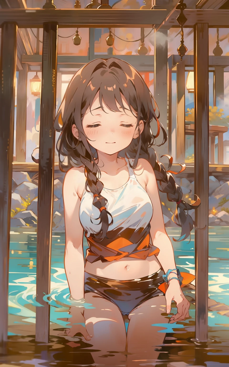 8. The dream of maroon hot springs:A young girl wearing a swimsuit,Lie in the warm hot springs,Surrounded by steam and tranquility,She closed her eyes,Enjoy the soothing and relaxing hot springs。