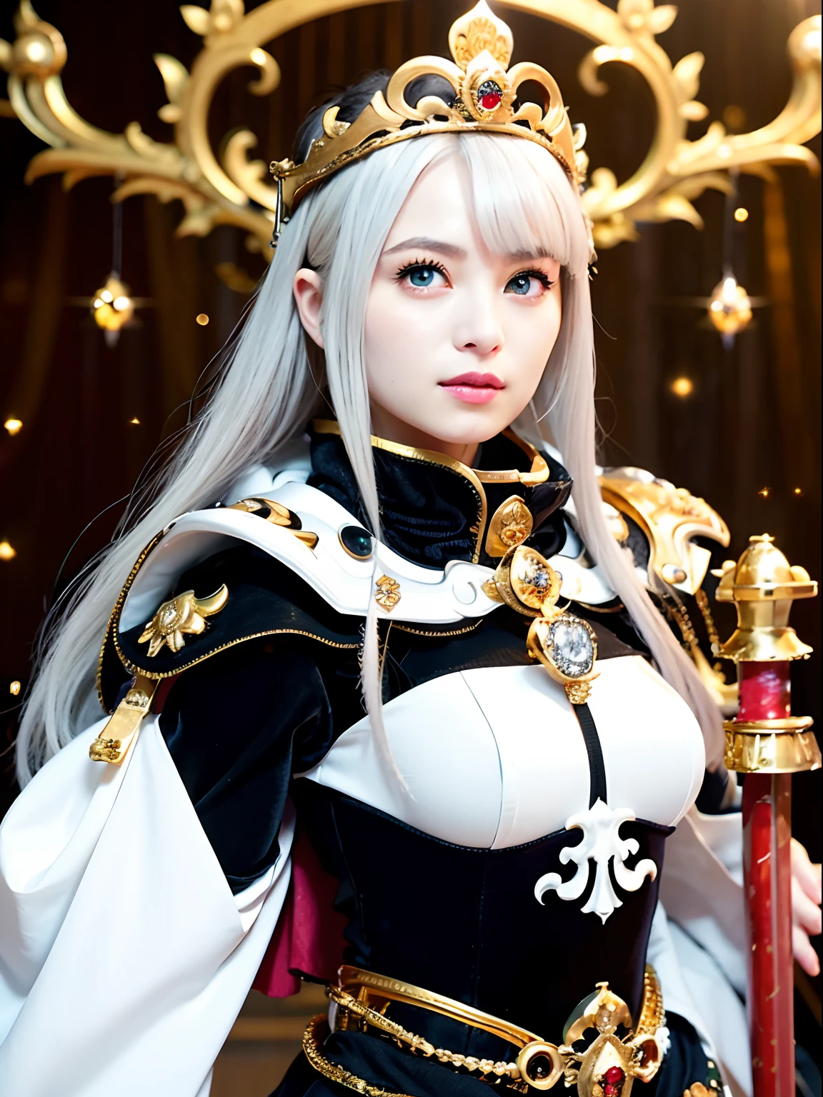 (masutepiece), Professional , ​masterpiece、top-quality、photos realistic , depth of fields （Gemstone Silver Metal Body:1.９),(Matte White、Jewel Gold Weapon（Jewel Metal Body:1.４),Gorgeous metal weapons , Detailed Sword of the Brave , Beautiful knife   ,warhammer 40k , adepta sororitas,Detail and ornate jewel crown、Black hair、Gangle's forest background、Beautiful Caucasian beauty、１a person、dynamic ungle,(((Detailed and ornate diamond crown)))、Smaller head、A smile、Take a sexy pose、Background inside the castle、Thin and beautiful female hands、