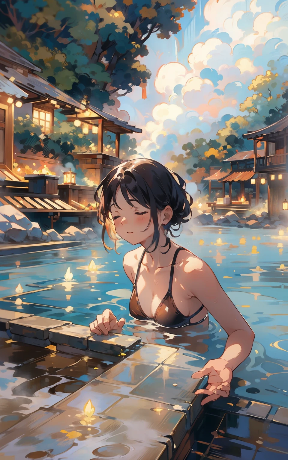 8. The dream of maroon hot springs：A young girl wearing a swimsuit，Lie in the warm hot springs，Surrounded by steam and tranquility，She closed her eyes，Enjoy the soothing and relaxing hot springs。