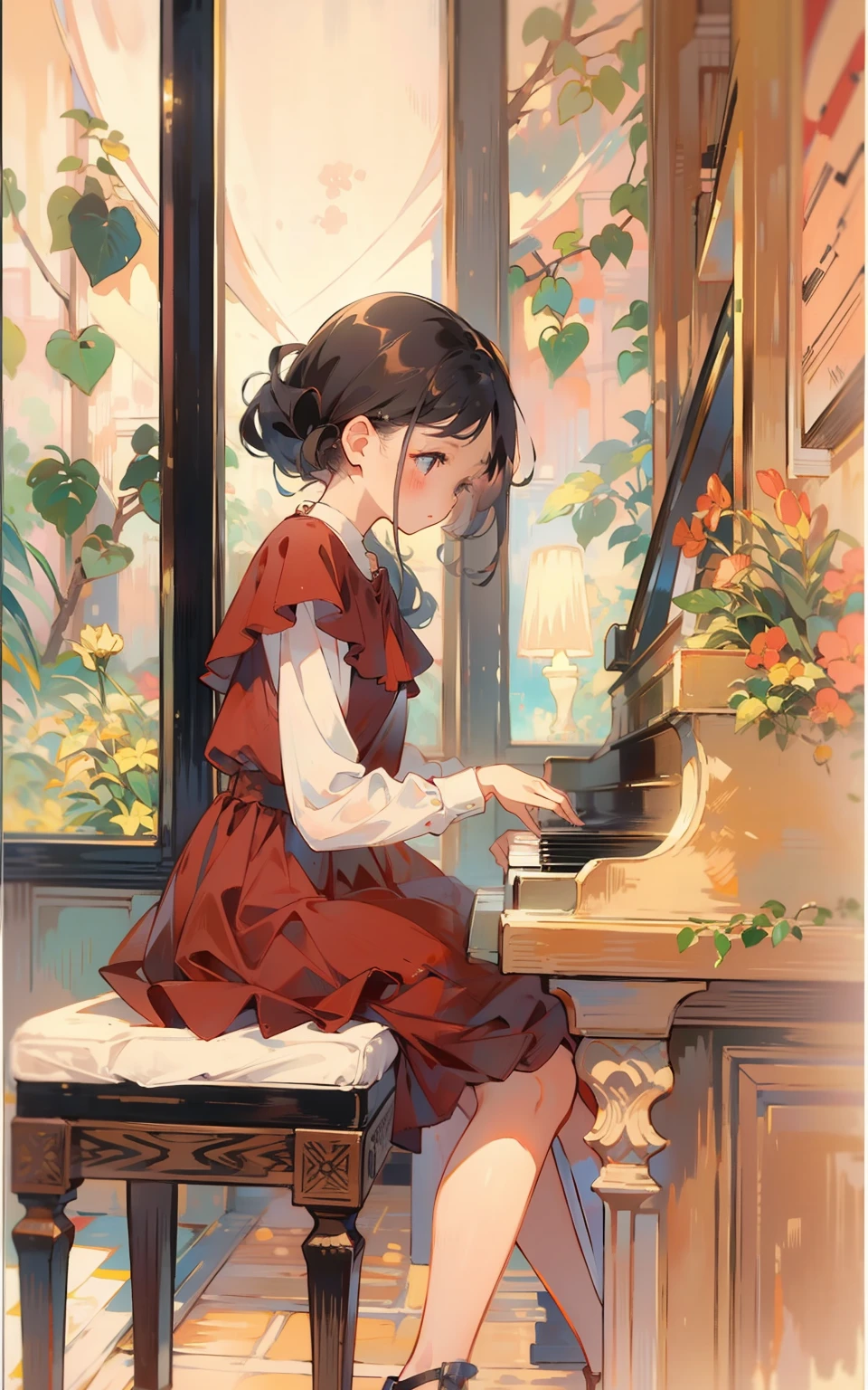 7. Music night：A talented young girl sits at a piano，She wore a maroon dress，Fingers gently play warm melodies，Notes flutter in the air。