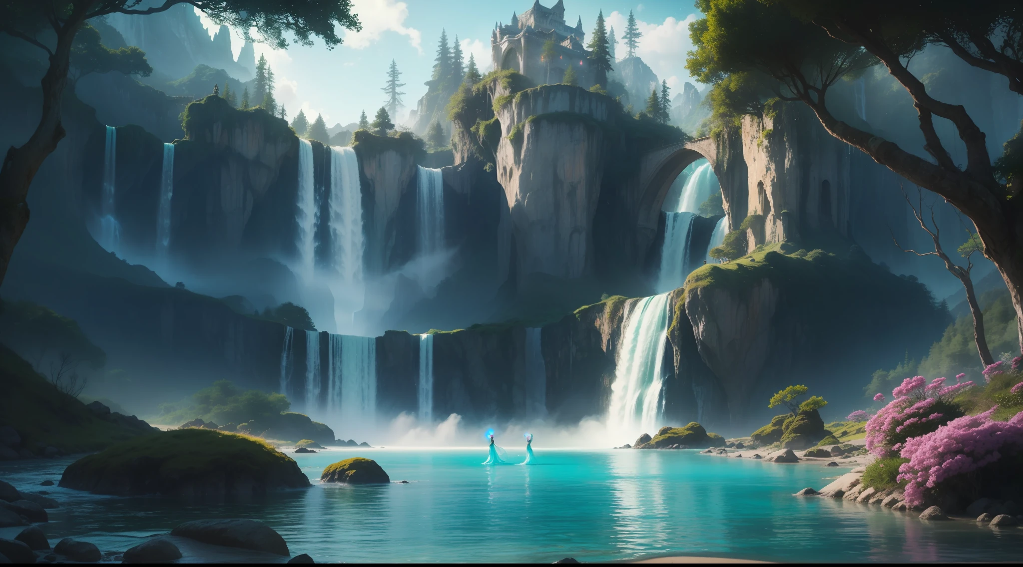 A realm of ethereal beauty unfolds—an iridescent sky meets turquoise shores adorned with glowing flora. Luminescent creatures dance amidst cascading waterfalls, their songs harmonizing with whispers of ancient trees. Misty mountains cradle the land, crowned by a luminous citadel. Magic weaves through every atom, a symphony of wonder.