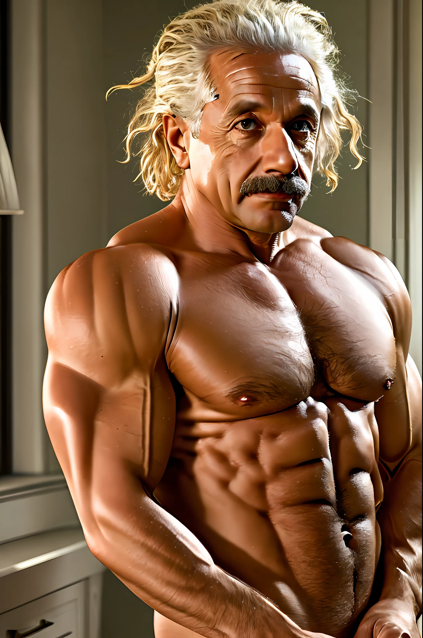 portrait of albert einstein, naked top, muscle, body build,clear features, Cinematic, accent lighting, global illumination --auto --s2