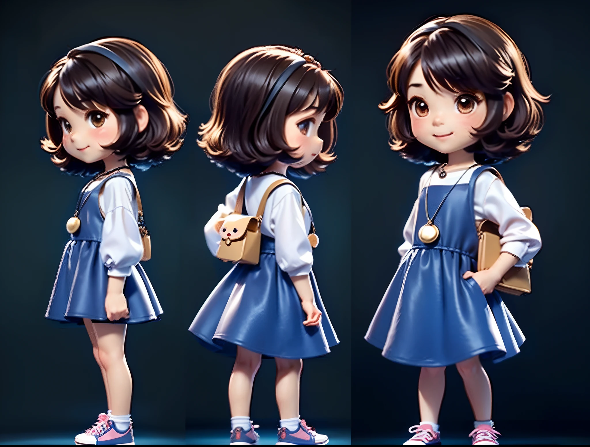 (Same character, front, Side, Back), (Chibi),girl with, 3 years old, Cute and lively, with short brown hair,, With moon necklace, a blue dress, Stylish sneakers, (Full body), Clean Scene, white backgrounid, (((multiple views of the same character))), high detailing, blind box toy style, Anime, Pixar, ghibli-like colors