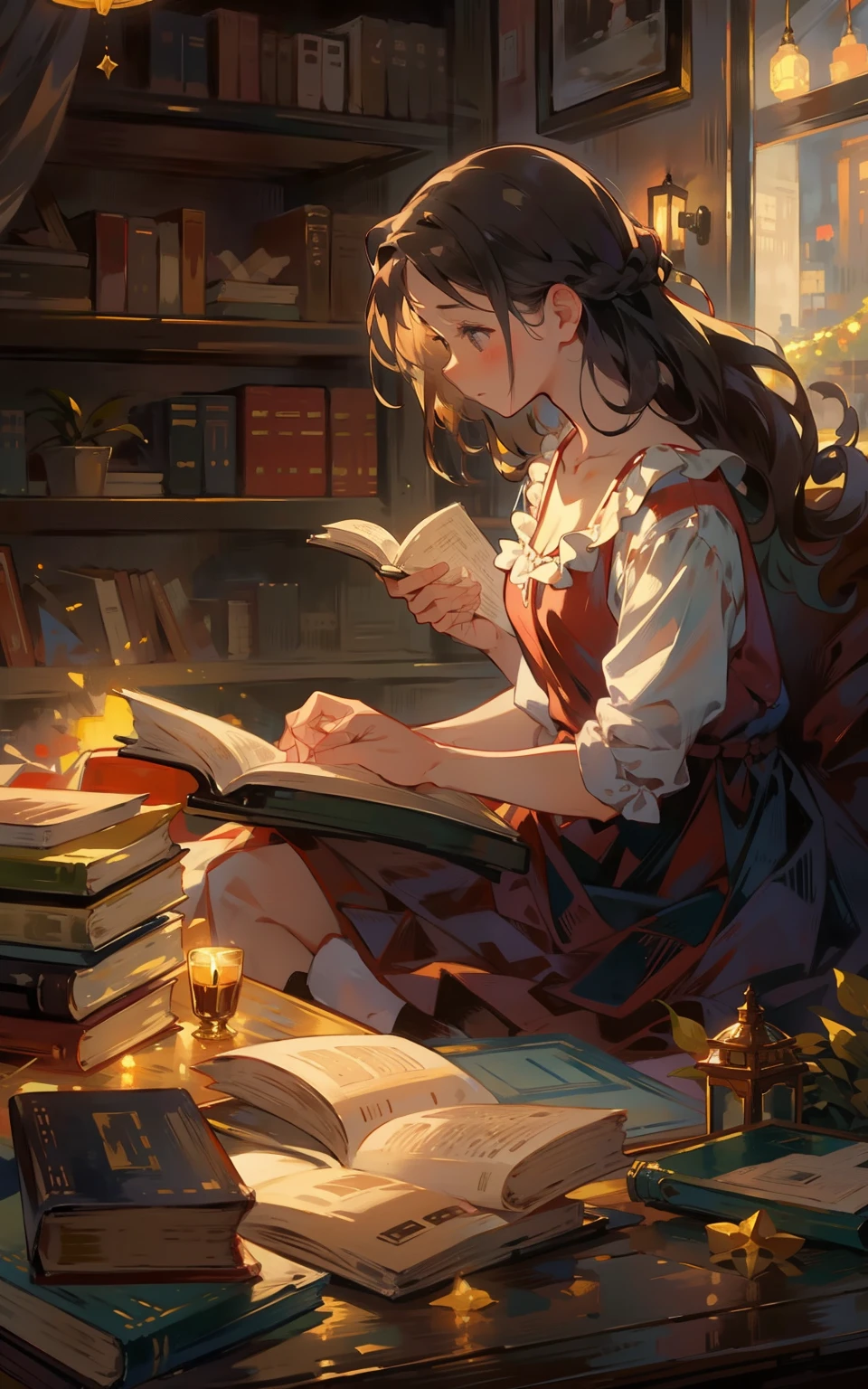 4. Book gas time：A beautiful maiden sits at a maroon table，She wore a dress，Concentrate on reading，Surrounded by the smell of books and warm lights。