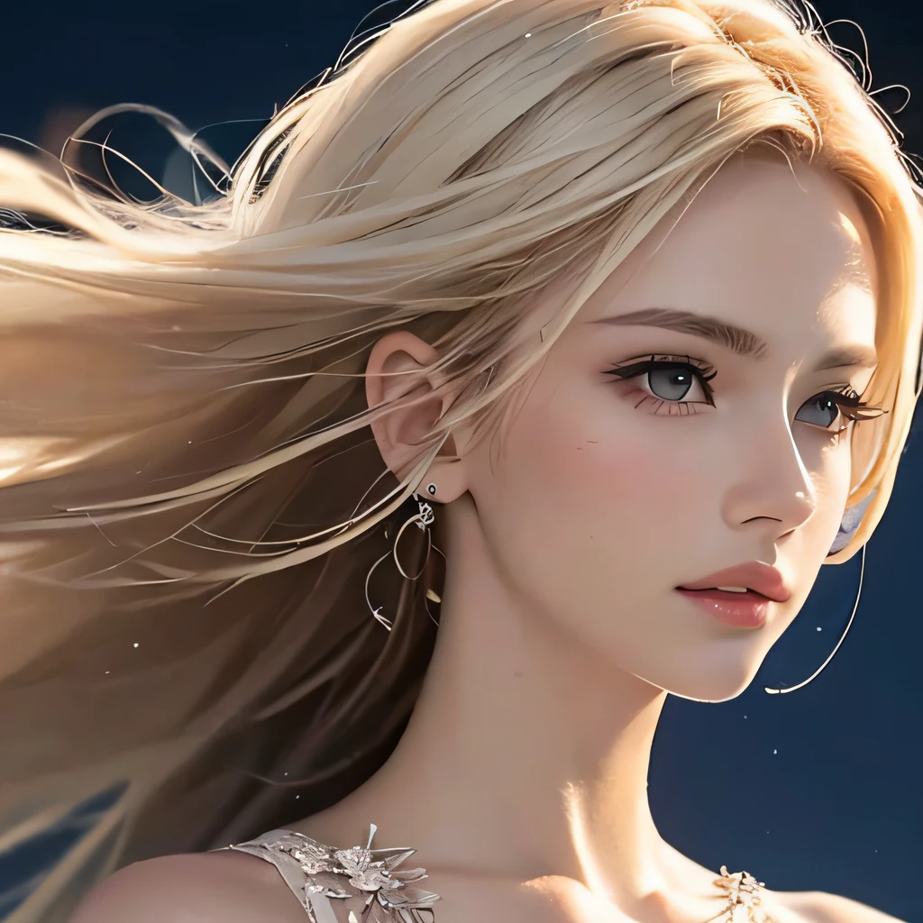 (8K, RAW Photos, of the highest quality, Masterpieces: 1.2), (Realistic, Photorealistic: 1.37), Highest Quality, Ultra High Resolution, light  leaks, Dynamic lighting, Slim and smooth skin, (Full body:1.3), (Soft Saturation: 1.6), (Fair skin: 1.2), (Glossy skin: 1.1), Oiled skin, 22 years old, Night, shiny white blonde, Well-formed, Hair fluttering in the wind, Close-up shot of face only, Physically Based Rendering, From multiple angles, Bvlgari dresses