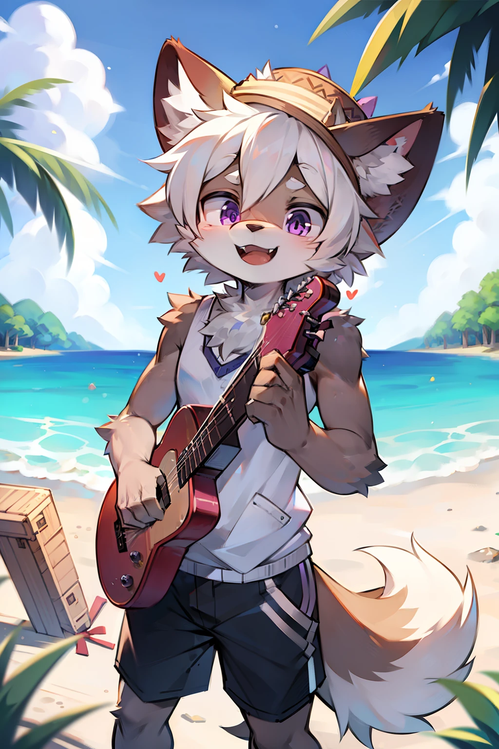 solo person，shaggy male，hairy bodies，shoun，coyote，canid，Gray fur，long  white hair，The ends of the hair are purple，Purple eye，Bullied，adolable，Handsome，large tail，full bodyesbian，plays the guitar，Summer vest，Summer shorts，Straw Hat Hat，freshen，rays of sunshine，with dynamism ，Happy expression，ssmile