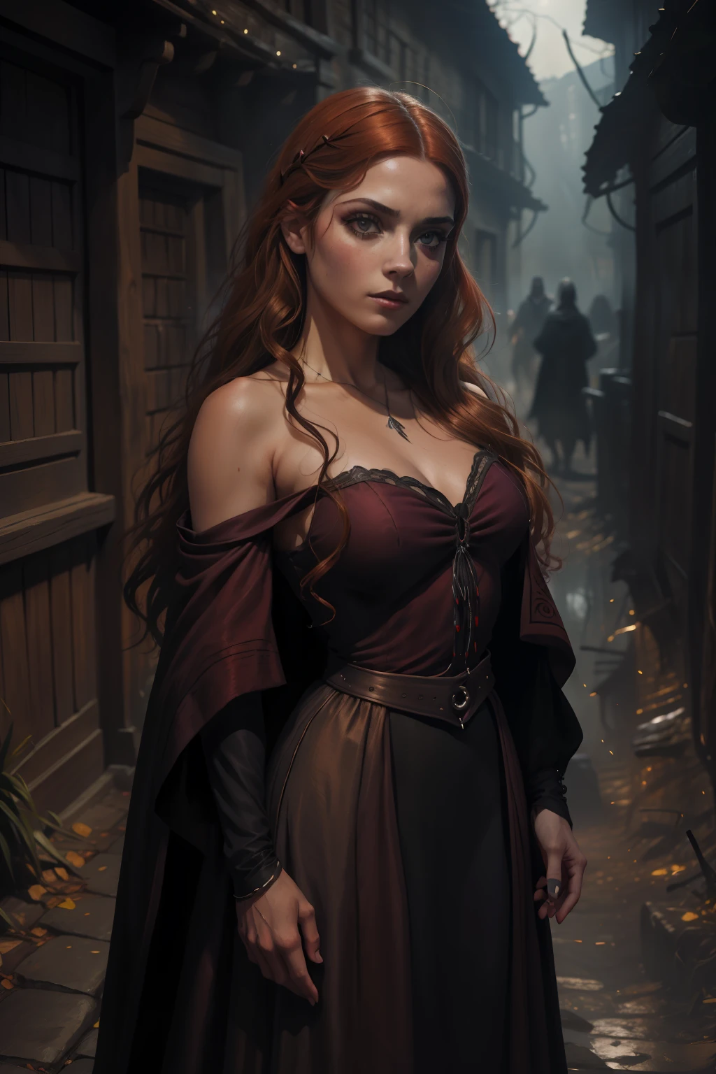 pintura de uma mulher com cabelo vermelho e um estrangulamento em um vestido preto, Estilo de arte de John Collier, Donzela com cabelo de cobre, estilo de Karol Bak, uma jovem Ruiva, Retrato de uma jovem bruxa, No Bowater Art Style, Directed by: Roberto Lenkiewicz, Geraldo Brom, Alberto Lynch, portrait of princess merida, Dave Sim, Red-haired girl in a shadowy palace, vestido preto e roxo de veludo usando um kokoshnic, roupa luxuosa de cigana, head adornment, Gargantilha de renda, obra-prima, mais alta qualidade, (sozinho), (rosto perfeito: 1.3), (alto detalhe: 1.2), Dramatic, 1girl, anjo, (pale skinned), longos cabelos Ruivos, cabelos vermelhos escuros, (Seios enormes), sobrancelhas claras, cabelo longo, noite, roupa de gypspy medieval de cor purpura e preta, muitas joias, head adornments, olhos castanhos, umbigo Coberto, pouty lips, Curvilinear, (arms behind back: 1.4), Coberto, Detailed palace background, Arte de Artgerm e Greg Rutkowski, cinematic lighthing, , moda, Balenciaga, Alexandre McQueen, Glitter, cabelos vermelhos acobreados, cabelos Ruivos acobreados, cabelos vermelhos, mulher Ruiva, cabelos vermelhos bonitos, Ruiv