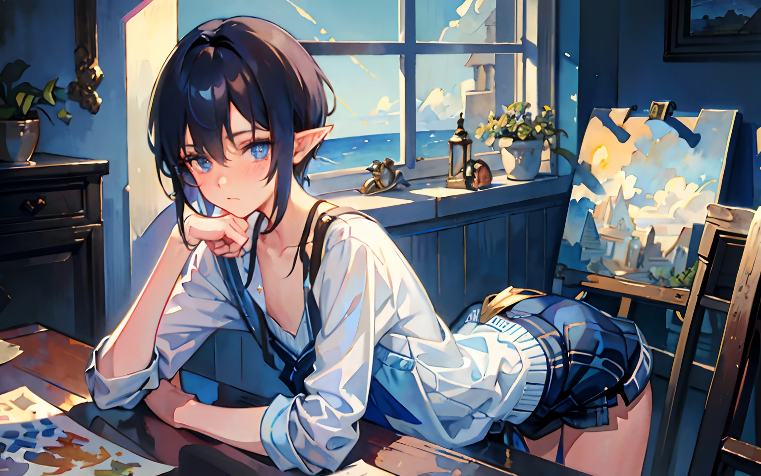"((Masterpiece)),best qualtiy,Exquisite painting style,Watercolor effect,Blue sky,Sweaters,Window sill illustration,Twilight,Cute ager,Pointy ears,Blue eyes,Saddle brown hairstyle,Delicate eyes,Boy,Cute boy,flatchest,19years old,Thin,long leges,Solo,Skinny figure,Short boxer panties"Blushing