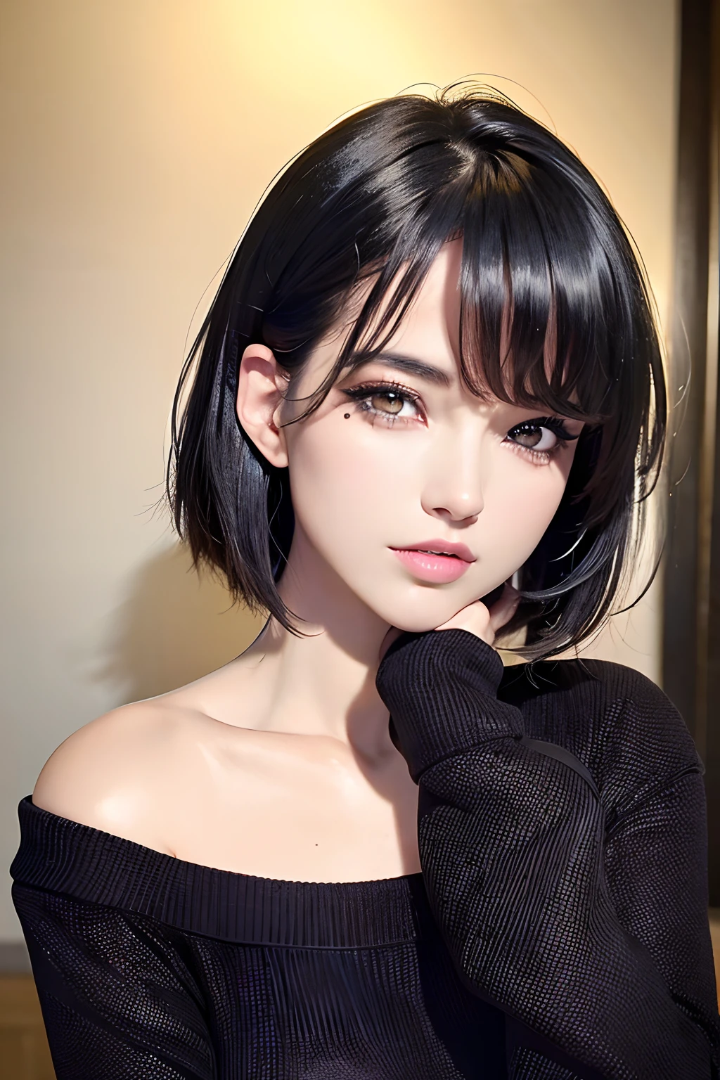 (masterpiece:1.3), (8k, photorealistic, RAW photo, best quality: 1.4), (1girl), cat eye makeup, inner eyes highlighter, smoky eye, Winged Eyeliner, thick eyelash, long eyelash, Eyeliner, eye shadow, beautiful face, (realistic face), (black hair, short hair:1.3), (beautiful hairstyle, realistic eyes, sparkly eyes, beautiful detailed eyes, glowing eyes), (realistic skin), beautiful skin, shy, (sweater), absurdres, attractive, ultra high res, ultra realistic, highly detailed, golden ratio