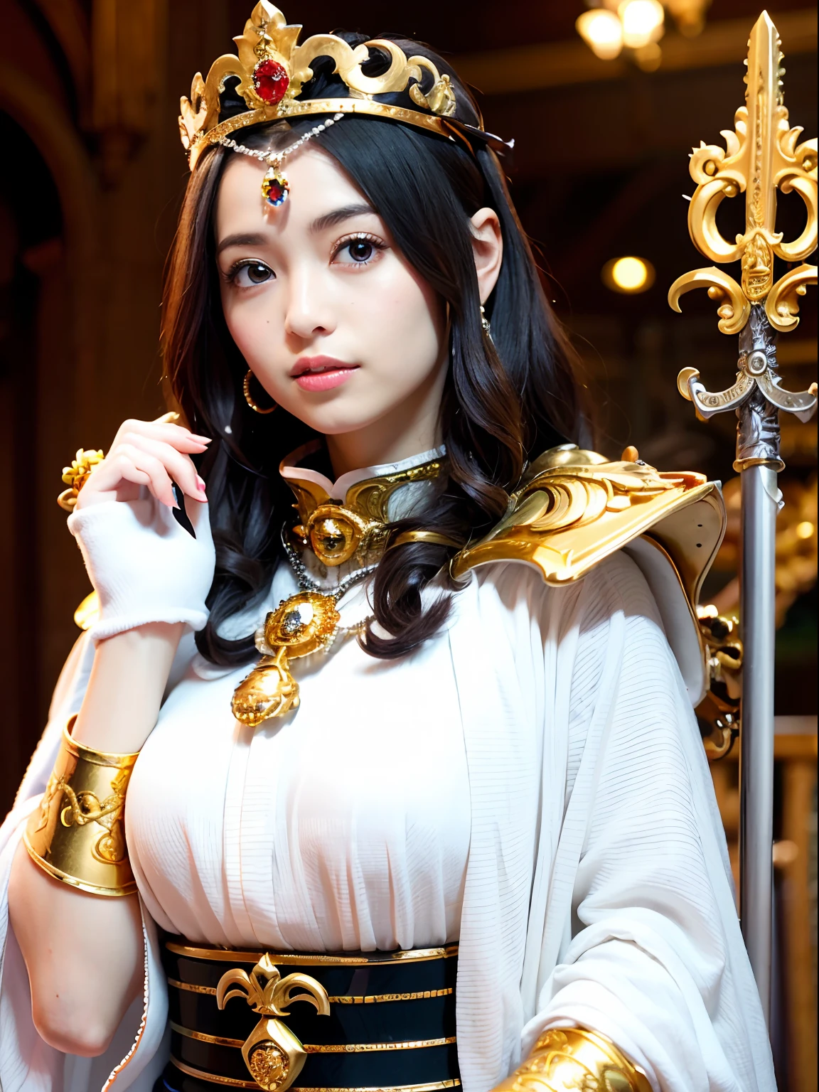 (masutepiece), Professional , ​masterpiece、top-quality、photos realistic , depth of fields （Gemstone Silver Metal Body:1.９),(Matte White、Jewel Gold Weapon（Jewel Metal Body:1.４),Gorgeous metal weapons , Detailed Sword of the Brave , Beautiful knife   ,warhammer 40k , adepta sororitas,Detail and ornate jewel crown、Black hair、Gangle's forest background、Beautiful Caucasian beauty、１a person、dynamic ungle,(((Detailed and ornate diamond crown)))、Smaller head、A smile、Take a sexy pose、Background inside the castle、Thin and beautiful female hands、