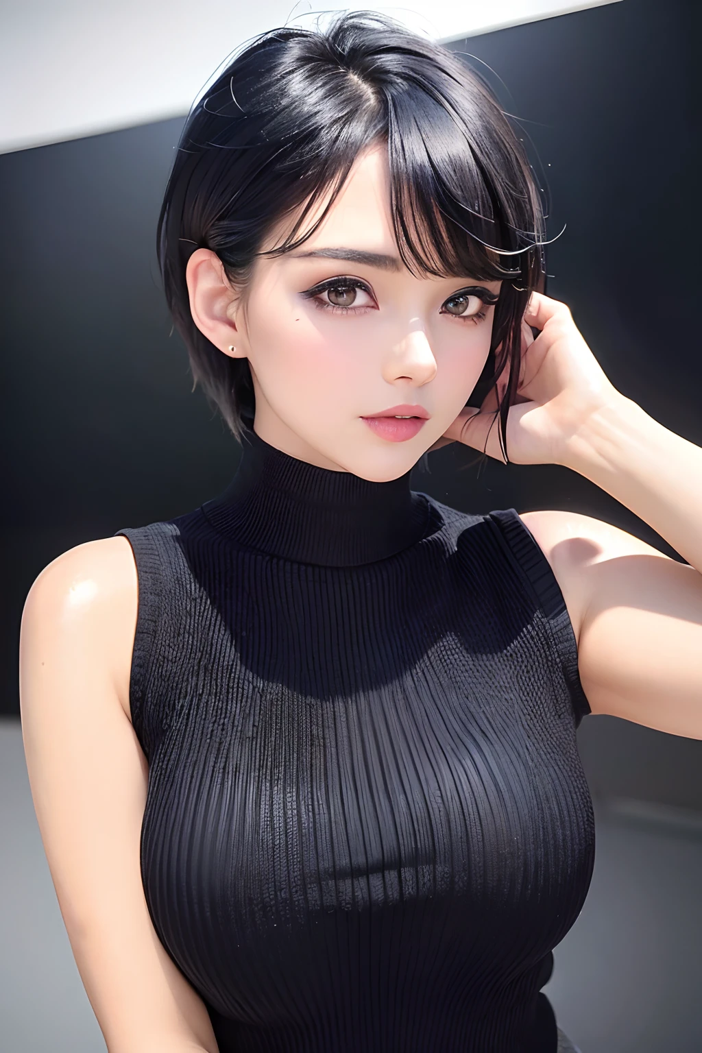 (masterpiece:1.3), (8k, photorealistic, RAW photo, best quality: 1.4), (1girl), cat eye makeup, inner eyes highlighter, smoky eye, Winged Eyeliner, thick eyelash, long eyelash, Eyeliner, eye shadow, beautiful face, (realistic face), (black hair, short hair:1.3), (beautiful hairstyle, realistic eyes, sparkly eyes, beautiful detailed eyes, glowing eyes), (realistic skin), beautiful skin, shy, (sweater), absurdres, attractive, ultra high res, ultra realistic, highly detailed, golden ratio