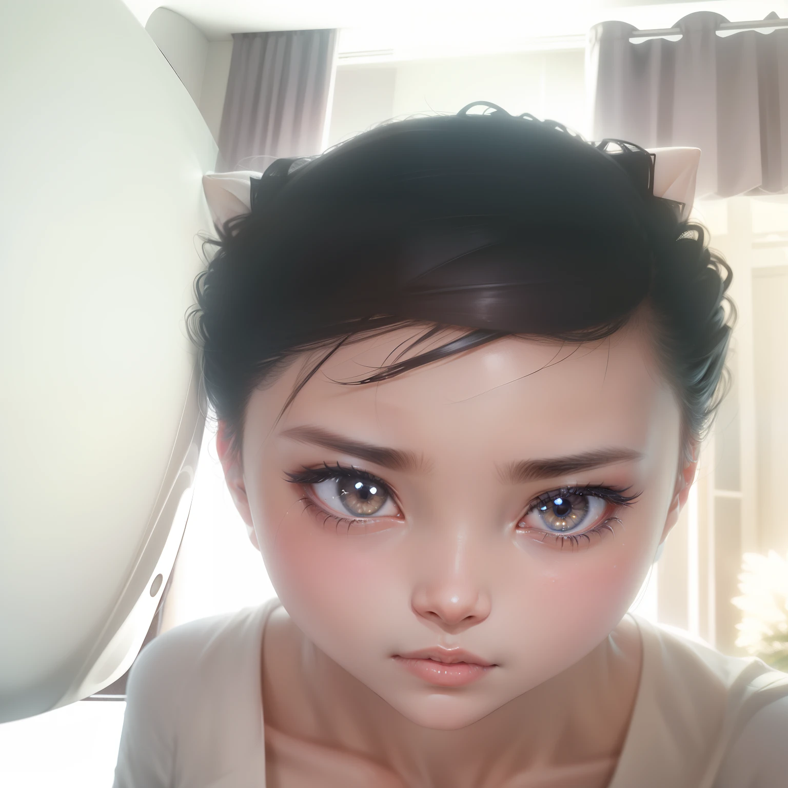 1girl, 独奏, White polo shirt, White sneakers, white mini-skirt, tmasterpiece, Best quality at best, realisticlying, ultra - detailed, (shiny skins, perspired:1.4), absurderes, looking at viewert, with short black hair, with brown eye,slenderness,Dynamic light and shadow,A high resolution,Sharp focus,depth of fields,The eyes are delicate,Sharp pupils,pupil realistic,(Bigchest:1.6),(Thigh thick:1.0),exteriors,Skysky