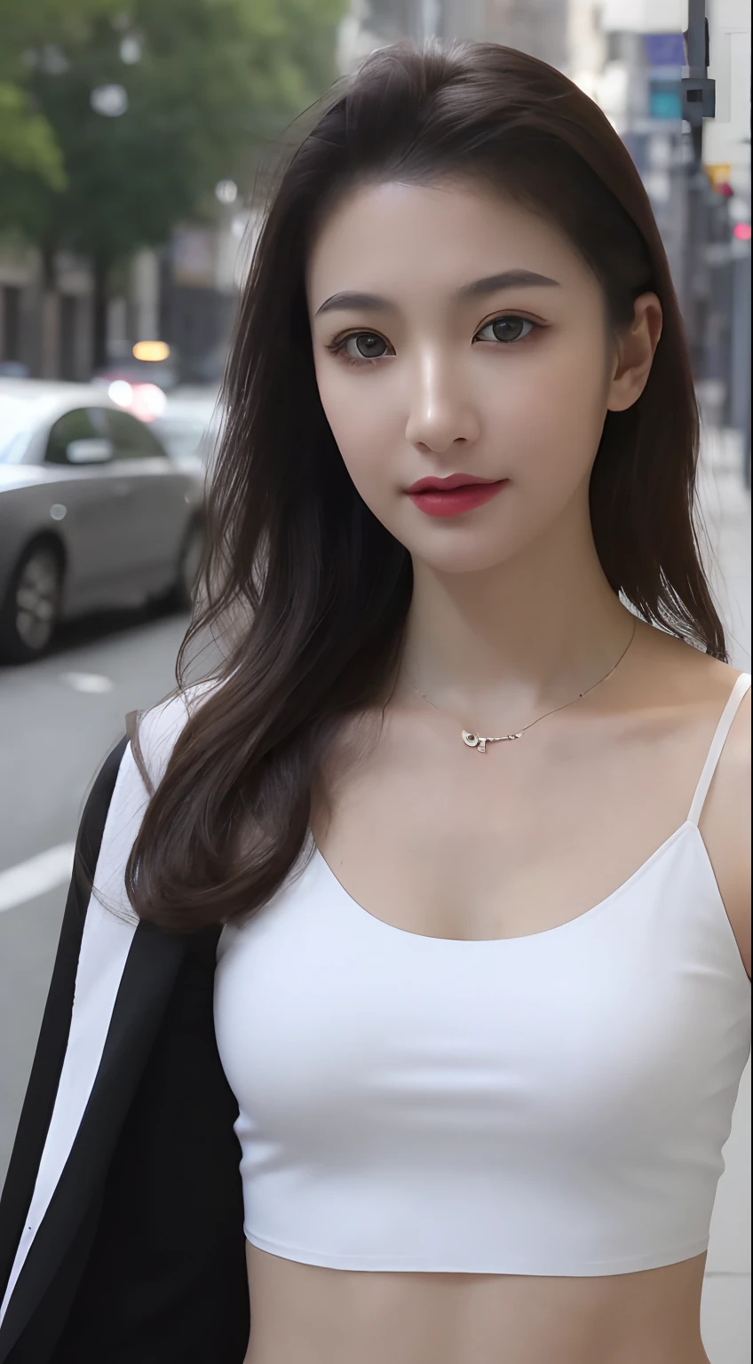In the daytime，Outdoors，((Realistic lighting, best qualtiy, 8k, tmasterpiece:1.3)), sharp fokus:1.2, 1girl, Beautiful Women with Perfect Figure:1.4, Slim abs:1.1, ((dark brown  hair)), (White crop top:1.4）,（exteriors，during night：1.1），the city street，Ultra-fine face，Fine eyes，二重まぶた，