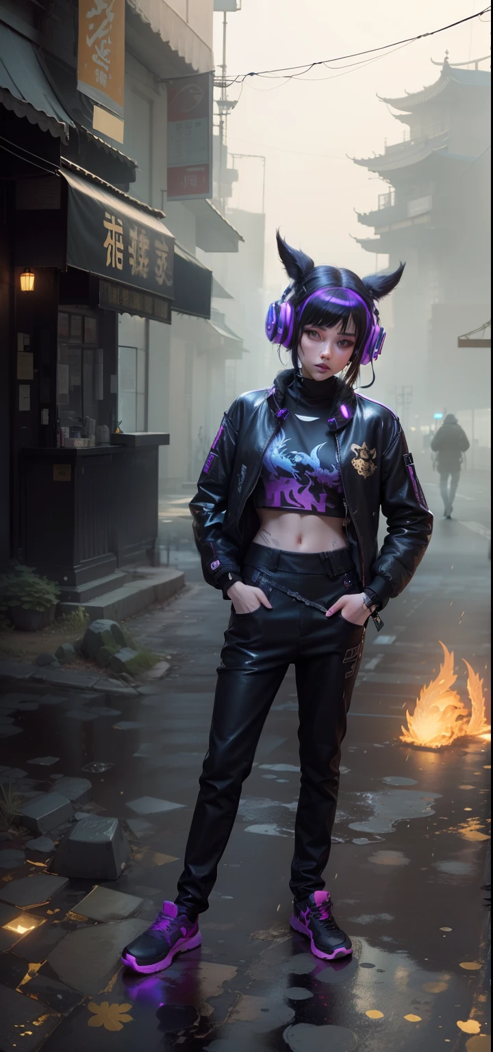 cyber punk perssonage,Kasha,Hold the viewer's hand with your back to the camera,sideface,Asymmetrical face shape,Fluorescent headphones hang behind your hair,Black fur coat,Decorated with a gold dragon motif,Detailed depiction,The upper part of the body,城市,best qualityer,16k high resolution wallpaper,