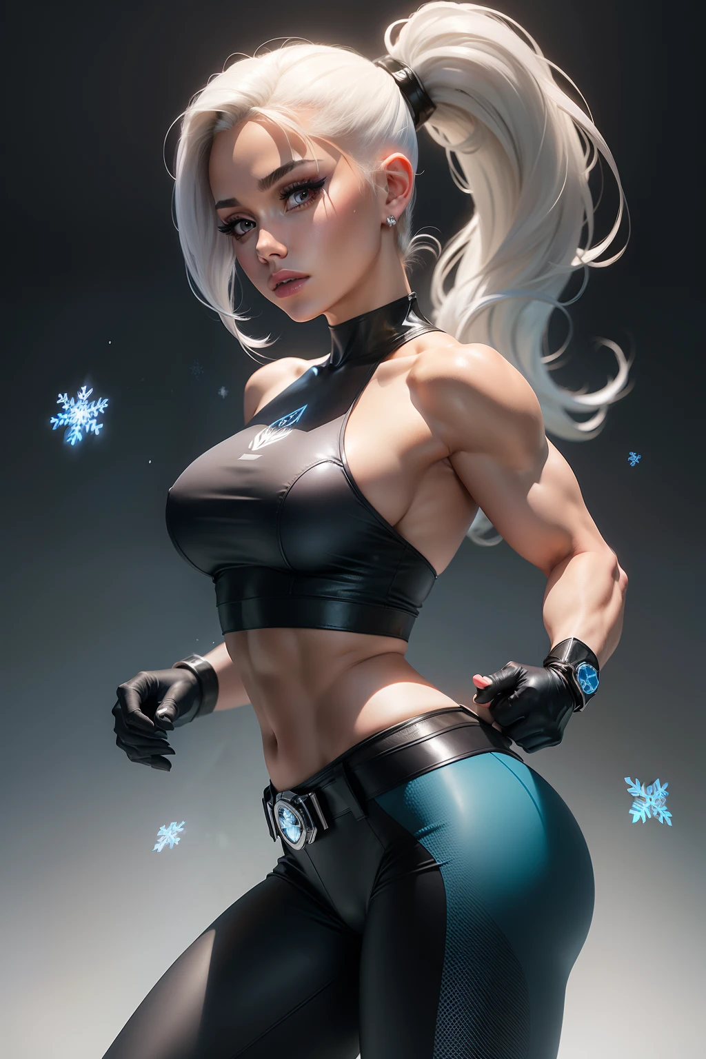 ariana grande as a superheroine, has ice powers, white hair ponytail, back midriff with blue outlines and a snowflake symbol on her right, has black gloves with fur on her the wrist part, wears black tight pants, with a blue belt, blue lines on the knee portrait photography by artgerm, in the style of realism, glistening skin, cartooncore, mangacore, natural lighting, Defined full lips. Muscular fitness feminine body