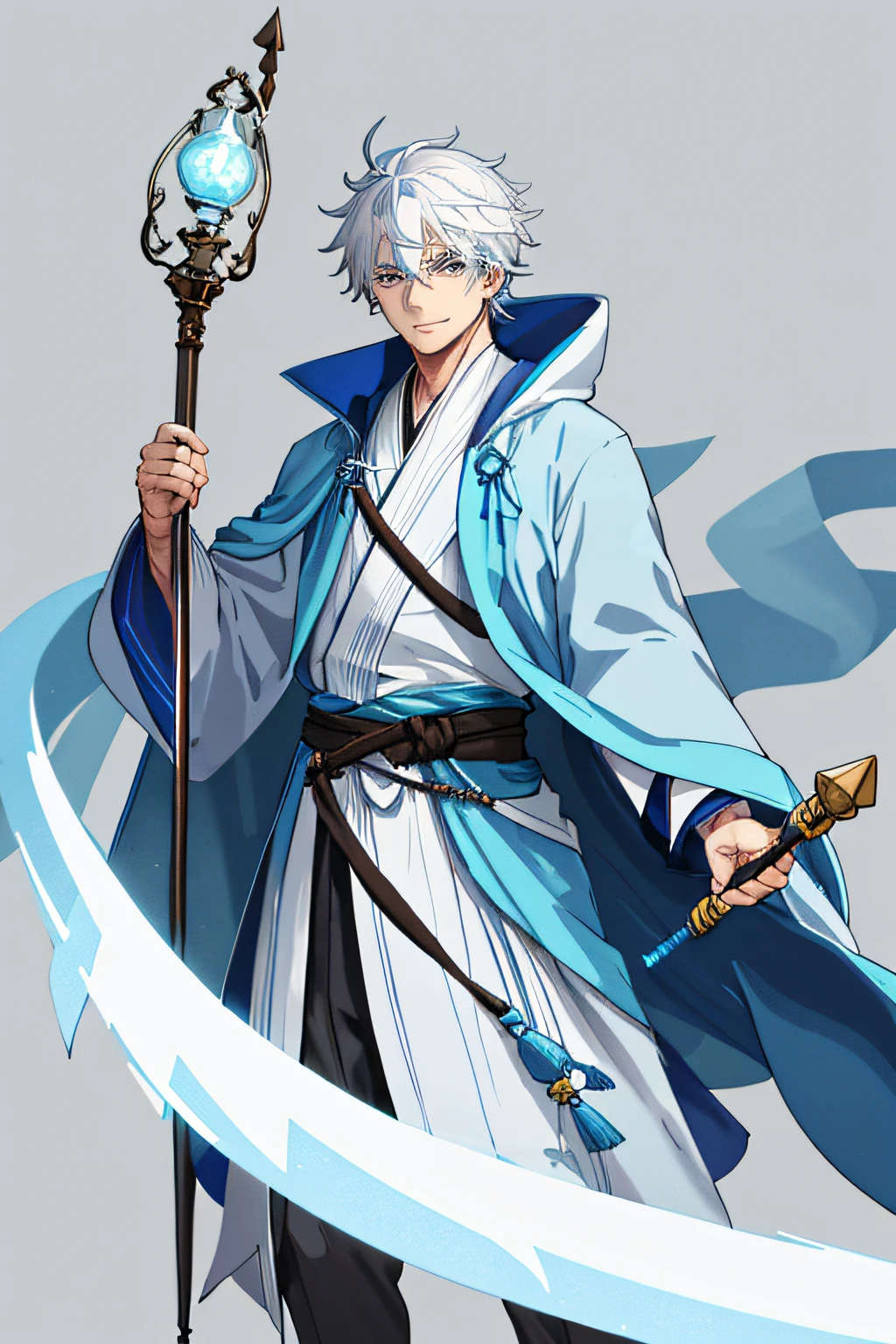 male people,Middle aged,Wearing a light blue robe,without nose,Mature and steady,Off-white hair,holding a staff,Black eyes,16k, 8K, Best quality