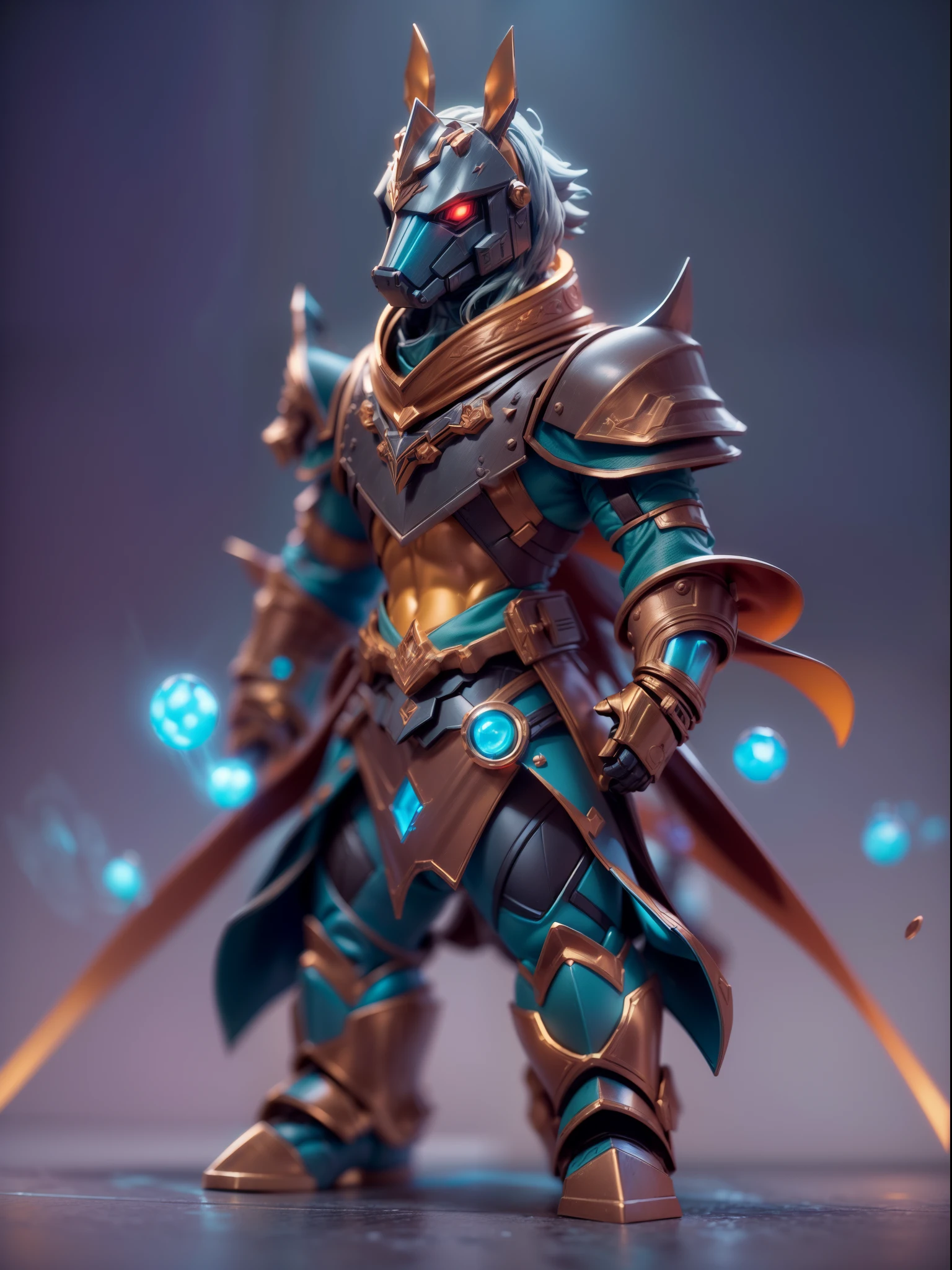 (Blind box toy style:1.3),((Full body shot))(anthropomorphism) , (1 strong horsehead metal warrior)(((solo))) metal armor,dreamy glow, Clean dark background,Red cyan style,(circular base)( Global illumination, Ray tracing, hdr, unreal render,reasonable design, high detail, Masterpiece, Best quality, hyper HD, Cinematic lighting)