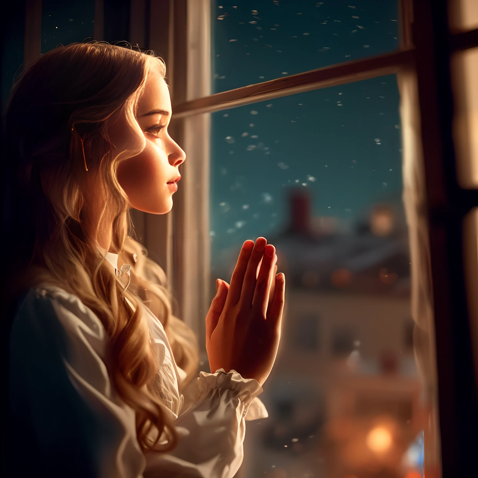 There's a girl who's looking out the window, A no peitoril da janela, olhando na janela, luz fria da janela, janelas suaves e brilhantes, foto muito bonita, luz celestial, Imagem absolutamente excepcional, Directed by: Marie Bashkirtseff, Directed by: Hristofor Zhefarovich, near the window, luz bonita, beautiful depiction, luz santa meninae de Natal, foto realista detalhada, cinematic, 8k