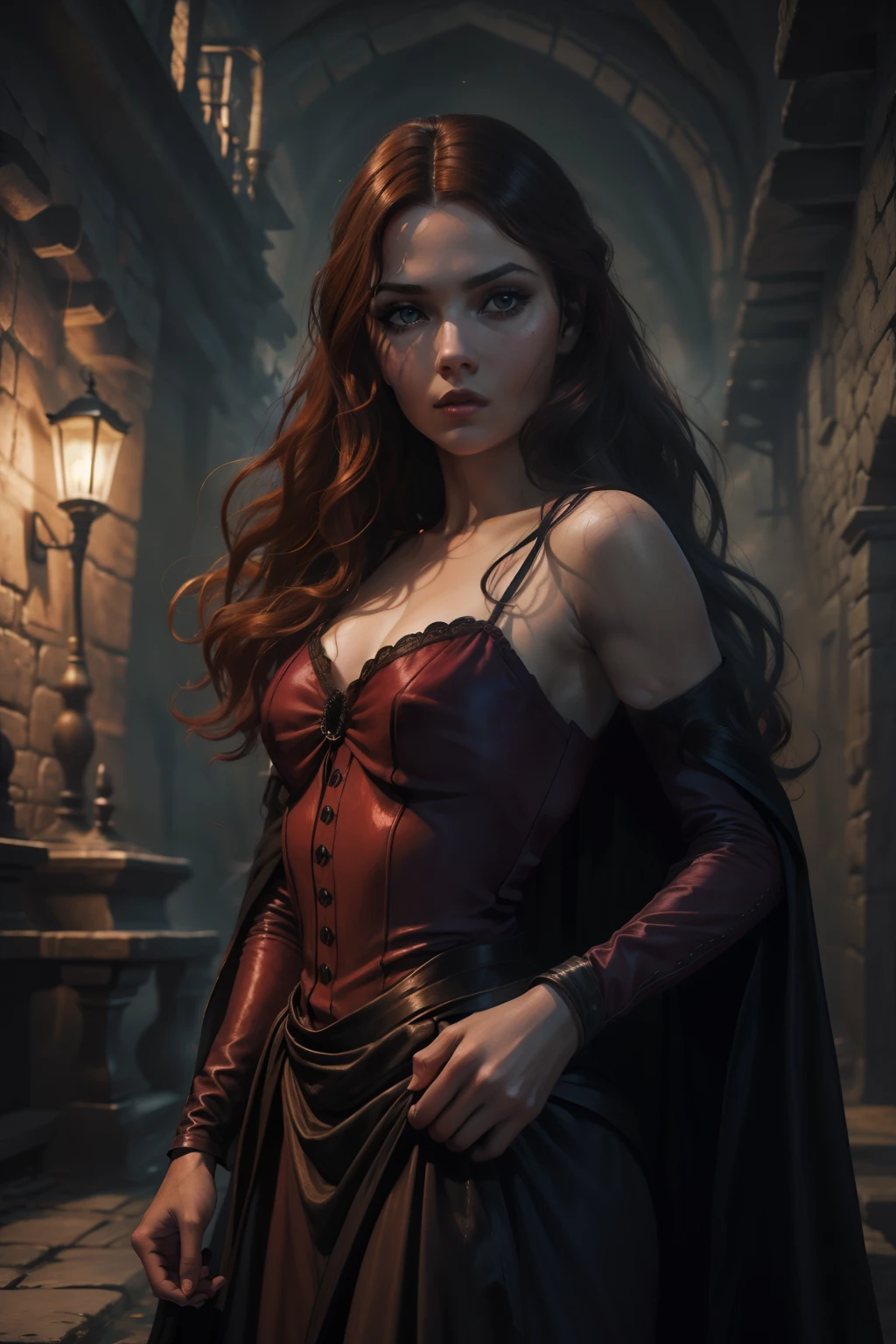 pintura de uma mulher com cabelo vermelho e um estrangulamento em um vestido preto, Estilo de arte de John Collier, Donzela com cabelo de cobre, estilo de Karol Bak, uma jovem Ruiva, Retrato de uma jovem bruxa, No Bowater Art Style, Directed by: Roberto Lenkiewicz, Geraldo Brom, Alberto Lynch, portrait of princess merida, Dave Sim, Red-haired girl in a shadowy palace, vestido preto e roxo de veludo usando um kokoshnic, roupa luxuosa de cigana, head adornment, Gargantilha de renda, obra-prima, mais alta qualidade, (sozinho), (rosto perfeito: 1.3), (alto detalhe: 1.2), Dramatic, 1girl, anjo, (pale skinned), longos cabelos Ruivos, cabelos vermelhos escuros, (Seios enormes), sobrancelhas claras, cabelo longo, noite, roupa de gypspy medieval de cor purpura e preta, muitas joias, head adornments, olhos castanhos, umbigo Coberto, pouty lips, Curvilinear, (arms behind back: 1.4), Coberto, Detailed palace background, Arte de Artgerm e Greg Rutkowski, cinematic lighthing, , moda, Balenciaga, Alexandre McQueen, Glitter, cabelos vermelhos acobreados, cabelos Ruivos acobreados, cabelos vermelhos, mulher Ruiva, cabelos vermelhos bonitos, Ruiv