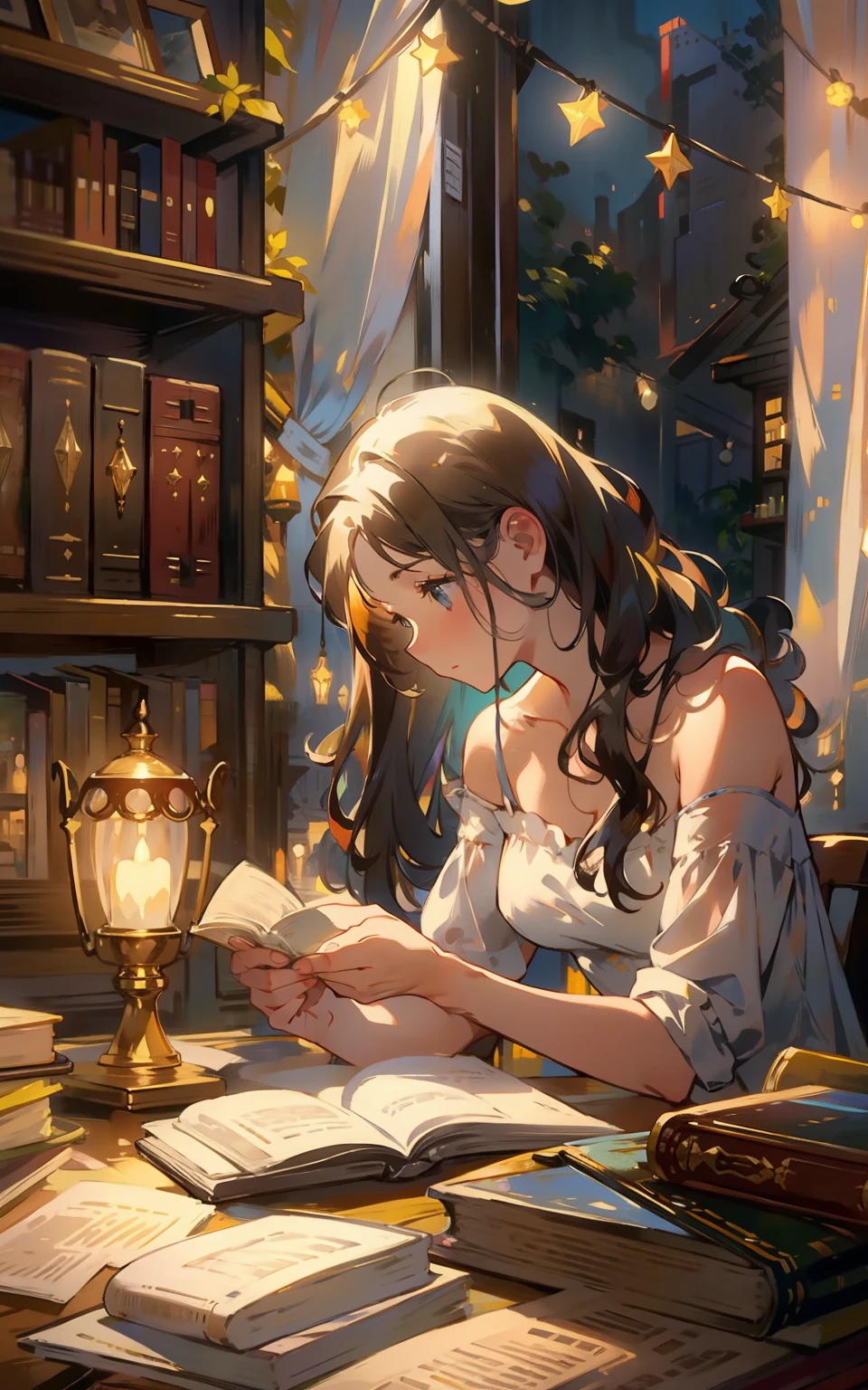 Beautiful maiden sitting at the table，is wearing  dress，Read with rapt attention，Surrounded by the smell of books and warm lights