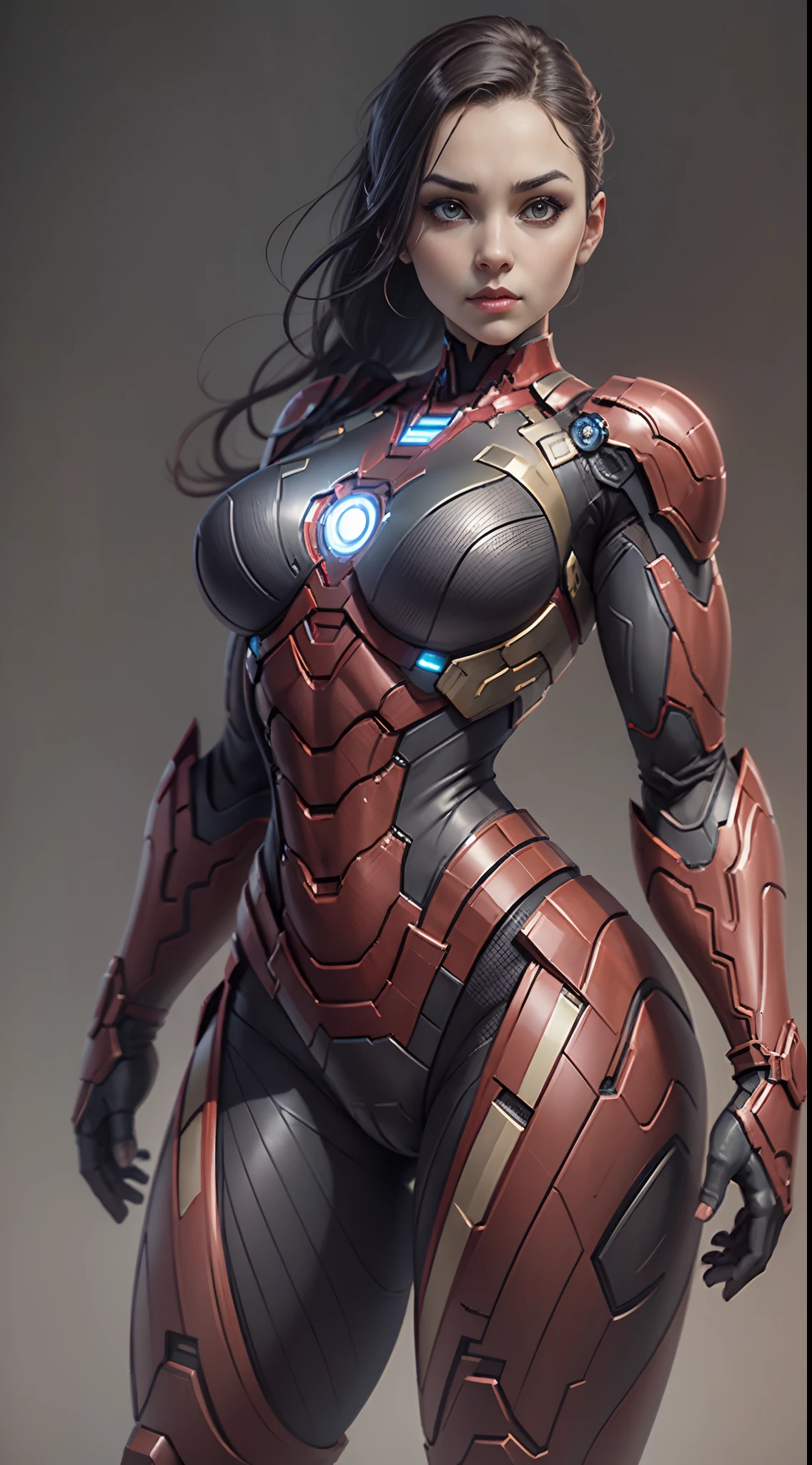 girl dressed as Iron Man from Marvel, big breasts, frontal, full-length, looking at the camera, facing the audience, standing pose, simple background, three-dimensional light, detailed full-body concept, sleek digital concept art, beautiful full-body concept art, art trend, full-length CGsociety,