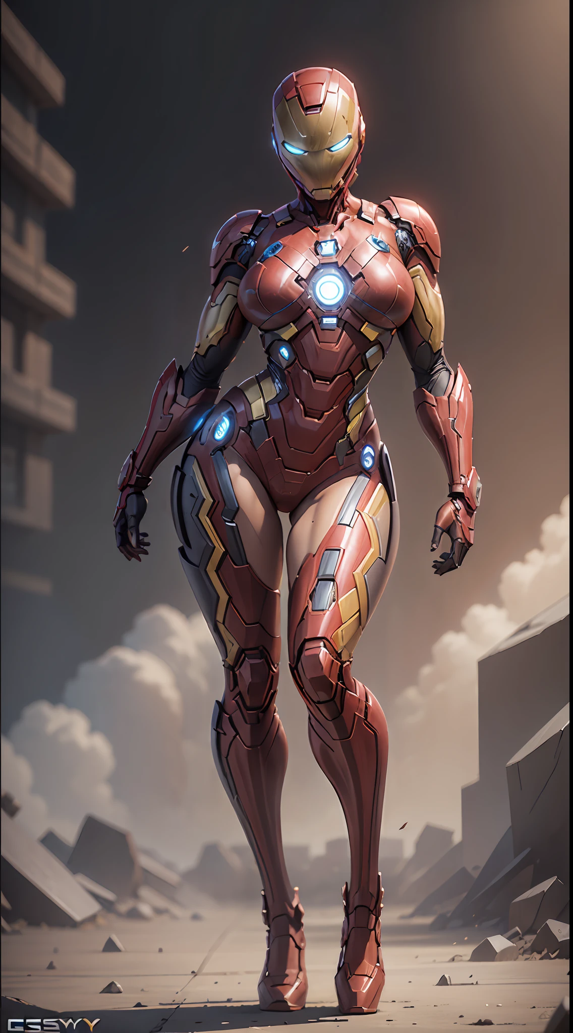 girl dressed as Iron Man from Marvel, big breasts, frontal, full-length, looking at the camera, facing the audience, standing pose, simple background, three-dimensional light, detailed full-body concept, sleek digital concept art, beautiful full-body concept art, art trend, full-length CGsociety,