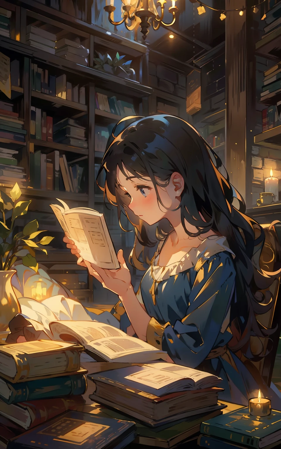 Beautiful maiden sitting at the table，is wearing  dress，Read with rapt attention，Surrounded by the smell of books and warm lights