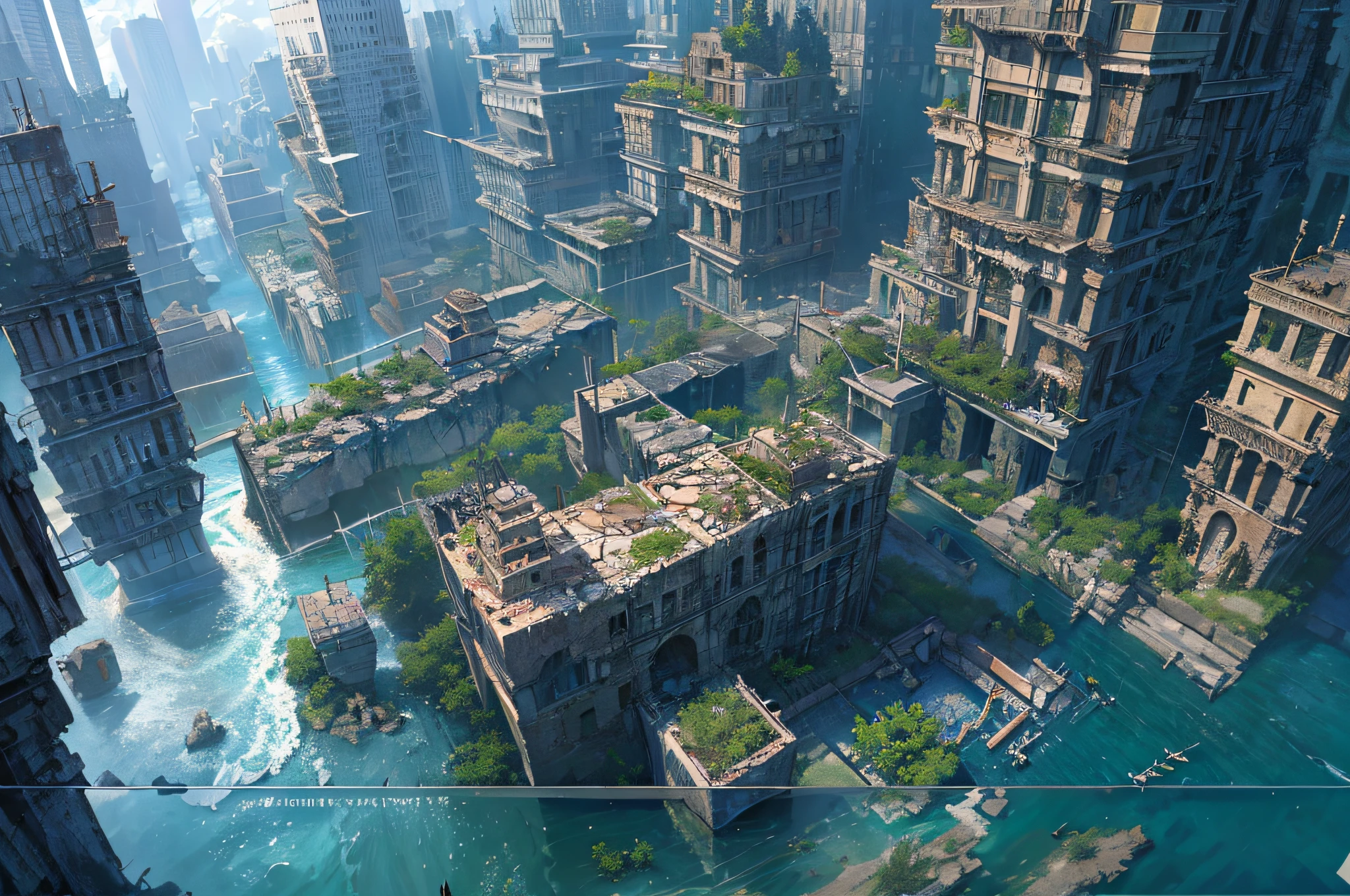 (best quality), (masterpiece), (photorealistic), (realistic), very detailed, unity 8k wallpaper, highly detailed cg, ray tracking, sharp shadows, great detail, depth of field, super detailed background, collapsed civilization, collapsed metropolis, collapsed metropolis, swallowed by water collapsed metropolis, broken landmark tower in the middle, no electricity, bird paradise, crystal clear water, calm water, wide blue sky, flowing clouds, underwater cityscape, ruined city,