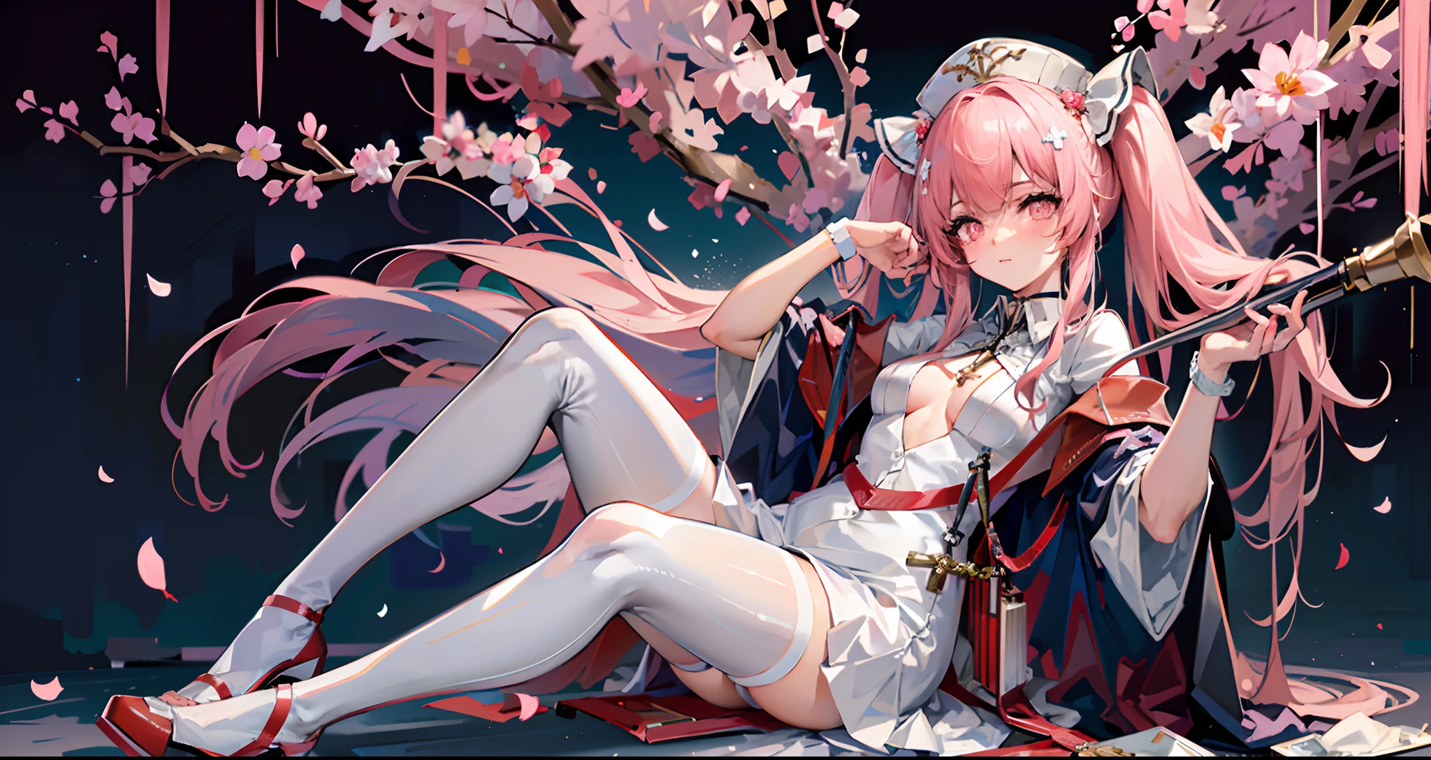 A young woman，Full body in camera，full bodyesbian，Ccup，（tmasterpiece），（best qualtiy），（A pink-haired，long whitr hair：2，White flower decoration，White hairpin），Hair is carefully coiled，Long legs，（lacepantyhose，White panty hose，stocklings，Full body pantyhose），Pink silk dress，Shoulders exposed，Chest exposure，（chest visible：2）（panties are visible：1.5，White panties，Lace），get down on the bed，（cuteexpression，ssmile，Playful），（Be red in the face，putting makeup on， Blushlush），（White high heels，Pink cherry blossom decoration），White bed，SakuraNS， the night，have to pee，Pee，pissing，Pee yourself，Top lighting，16k，High- sharpness，high qulity，wide wide shot，Bright colors