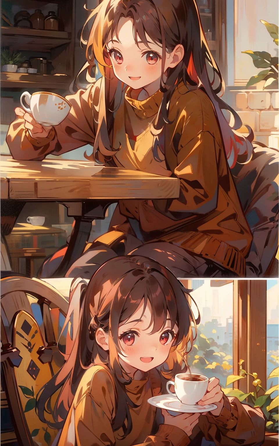 5. Maroon coffee time:A young girl sits in a maroon café,She wears a sweater,A hot lute in hand,Smile and enjoy the aroma and warmth of coffee。