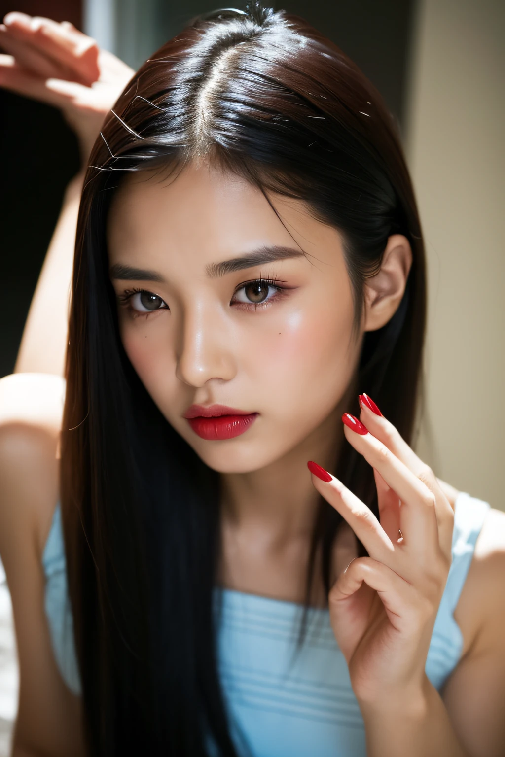 Beautiful asian woman photo, Summer, lecherous, Red nails, Lateral face,holding cell phone