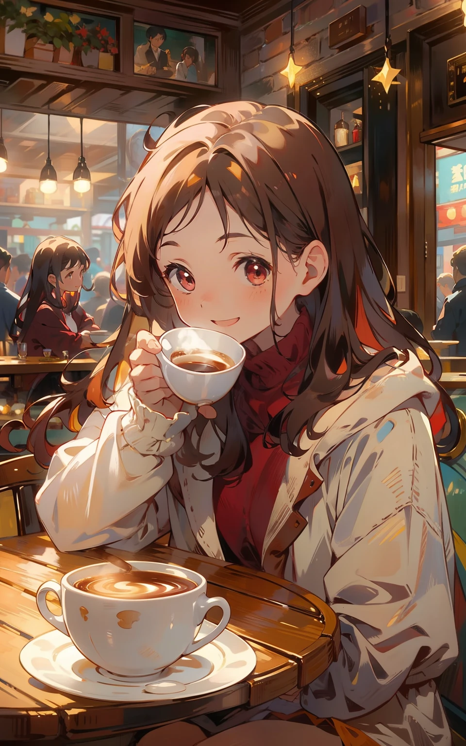5. Maroon coffee time：A young girl sits in a maroon café，She wears a sweater，A hot lute in hand，Smile and enjoy the aroma and warmth of coffee。