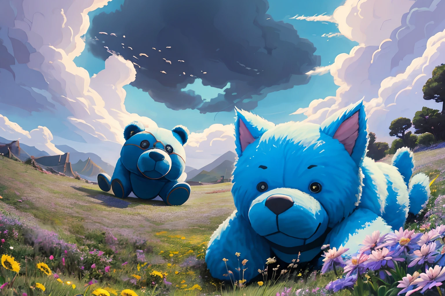 A very dynamic scene. Preparation for battle. One oversized blue teddy bear. The second is a very hyper-huge off-white plush cat. Flower field. Both laugh a lot. View from bottom to top. close-up. Lots of details. super realistic, cinematic, cartoon style. Blurred clouds in the background, skye, sunny. light haze. --auto --s2