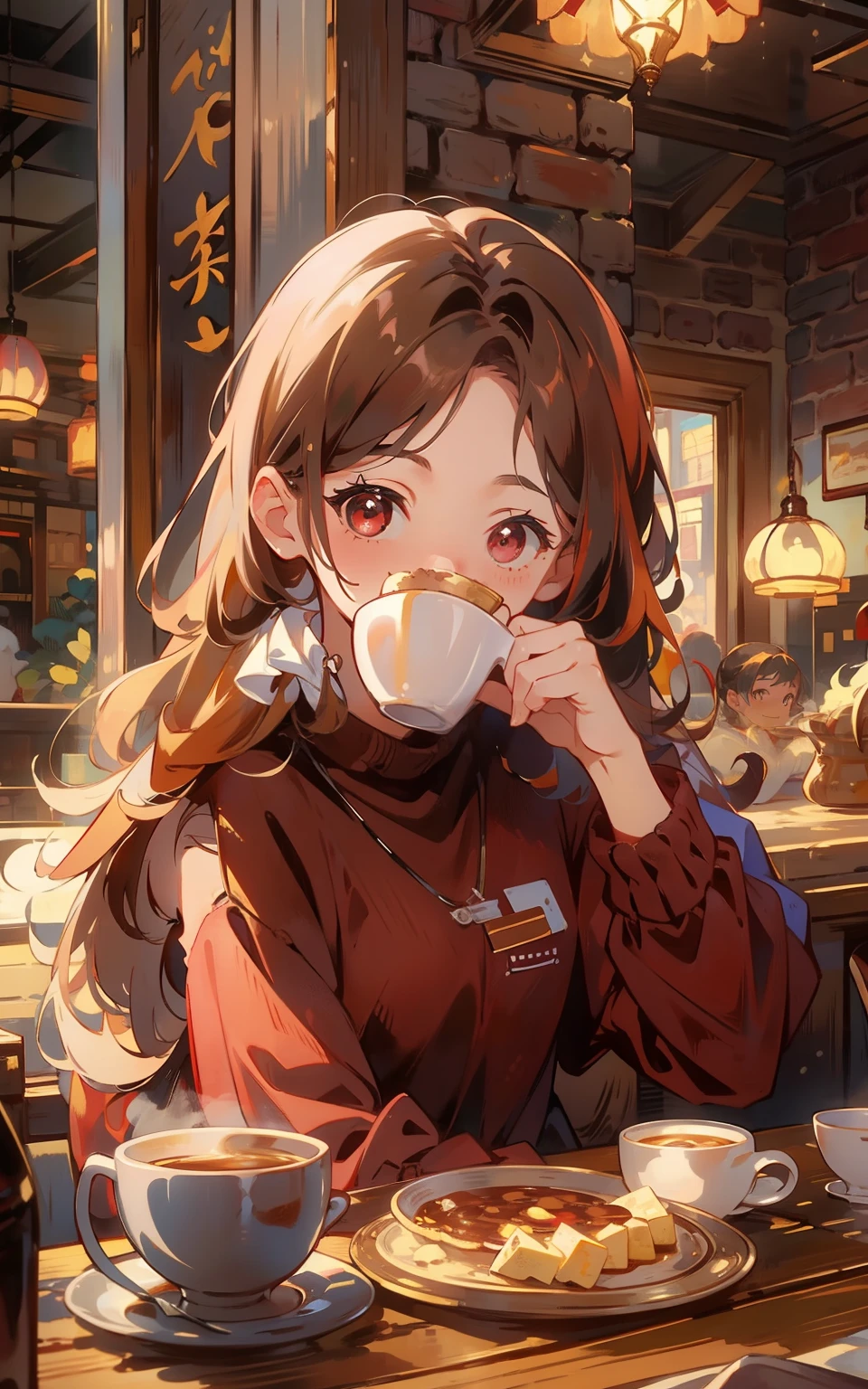 5. Maroon coffee time：A young girl sits in a maroon café，She wears a sweater，A hot lute in hand，Smile and enjoy the aroma and warmth of coffee。