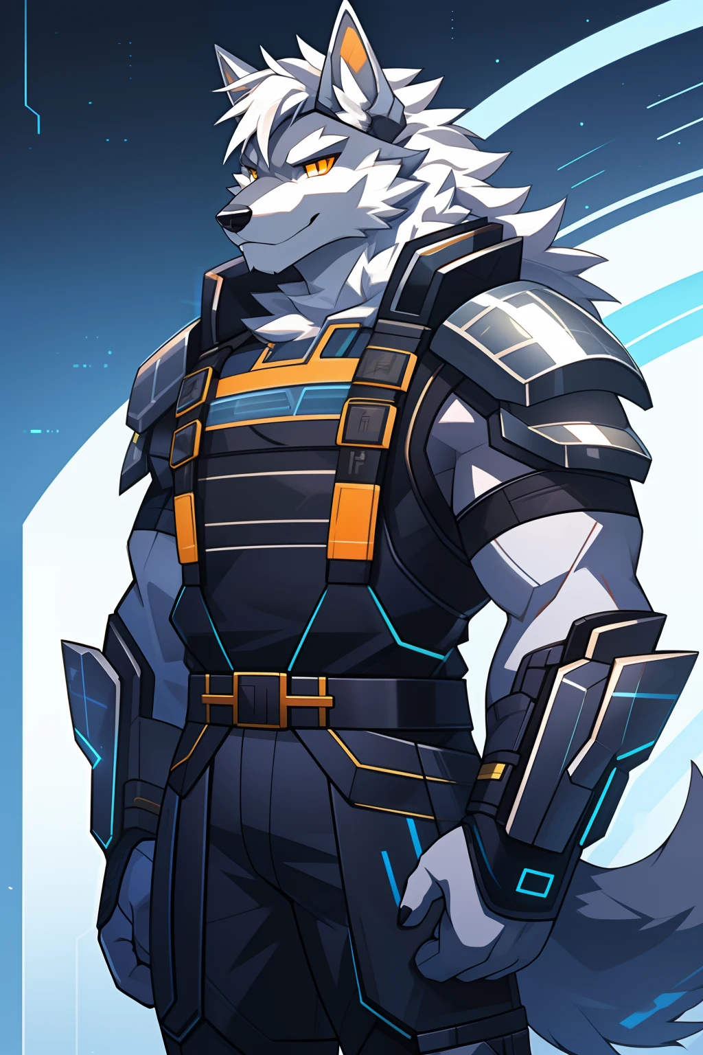 cyber punk perssonage,epcot,Tech style,solo person,binh,White body,White ears,White hair,Overall white,Orange-yellow eyes,Wolf tail,Wolf orcs,adult,Wear a short-sleeved shirt、Body armor,Ultra-clear screen,Soft lines