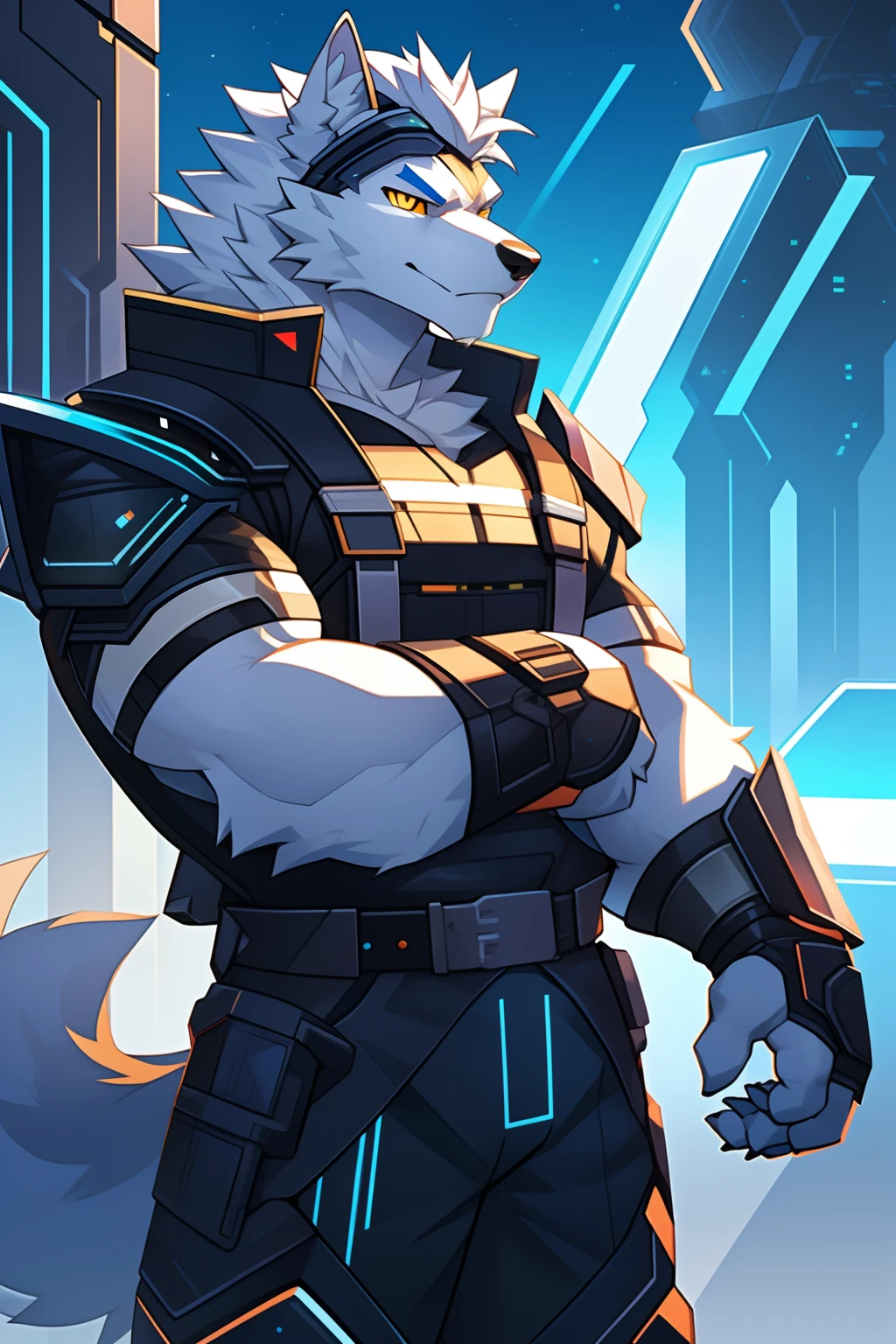 cyber punk perssonage，epcot，Tech style，solo person，binh，White body，White ears，White hair，Overall white，Orange-yellow eyes，Wolf tail，Wolf orcs，adult，Wear a short-sleeved shirt、Body armor，Ultra-clear screen，Soft lines