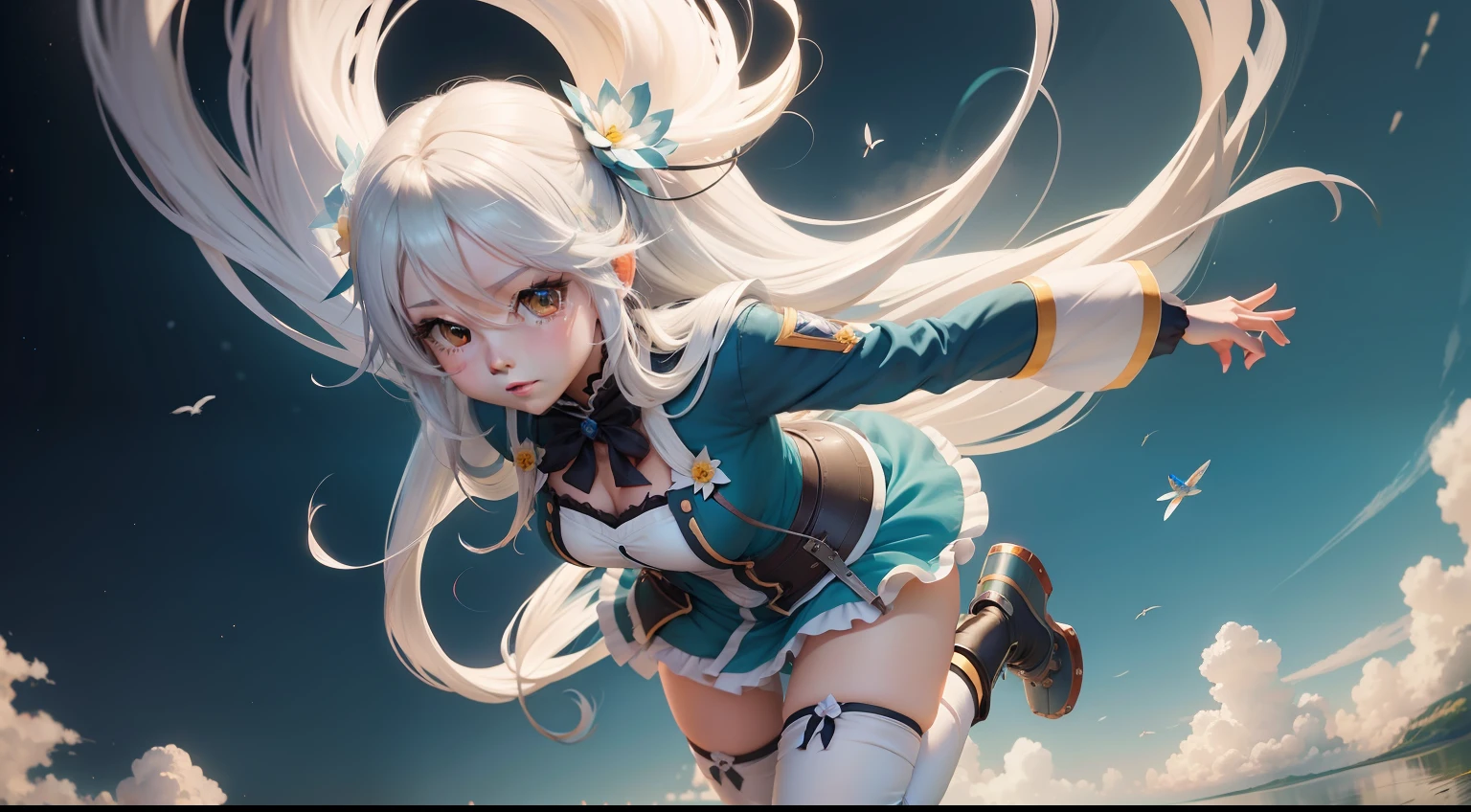 Anime girl with long white hair flying in the sky with a flower, aqua from konosuba, konosuba, konosuba anime style, Anime goddess, nightcore, anime best girl, An anime cover, small curvaceous loli, Anime moe art style, Kantai collection style, azur lane style, anime visual of a cute girl，Beth