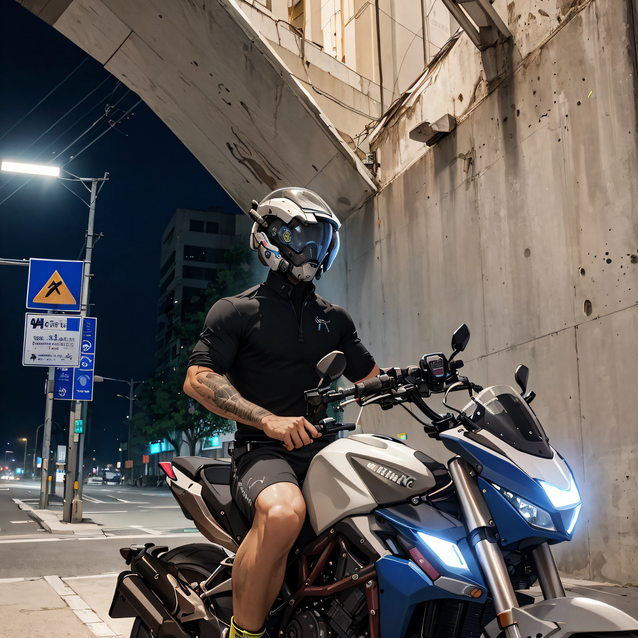 Portrait photo of an alpha male，perfect  eyes，wearing a worn-out mech suit，iintricate，（Steel metal[rusted]），ellegance，Clear focus，Photo by Greg Rutkowski，gentlesoftlighting，vivd colour，tmasterpiece，（（the street）），riding motorcycles，dynamicposes，