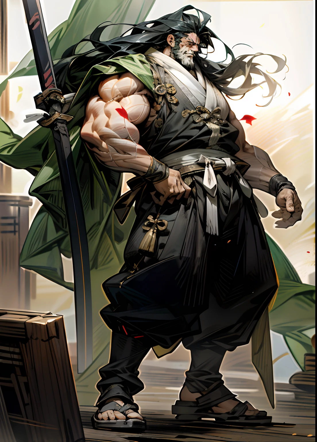 天空,云,holding_weapon,no_humans,发光,Wash painting,full body photo, low angle shot,1male, muscular thick-bodied strongman,thick muscular arms,plump pectoralis braod thick chest,mature,masculine,handsome, long black hair,chinese wuxia clothing,straw sandals,建筑,glowing_eyes,mecha,科幻小说,城市,现实,mecha