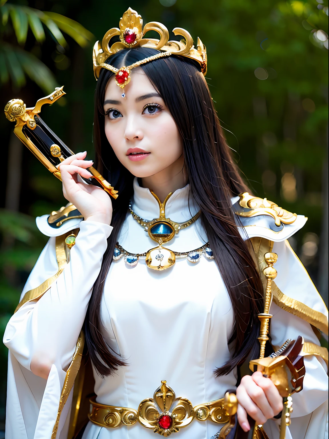 (masutepiece), Professional , ​masterpiece、top-quality、photos realistic , depth of fields （Gemstone Silver Metal Body:1.９),(Matte White、Jewel Gold Weapon（Jewel Metal Body:1.４),Gorgeous metal weapons , Detailed Sword of the Brave , Beautiful knife   ,warhammer 40k , adepta sororitas,Detail and ornate jewel crown、Black hair、Gangle's forest background、Beautiful Caucasian beauty、１a person、dynamic ungle,(((Detailed and ornate diamond crown)))、Smaller head、A smile、Take a sexy pose、Background inside the castle、Thin and beautiful female hands、