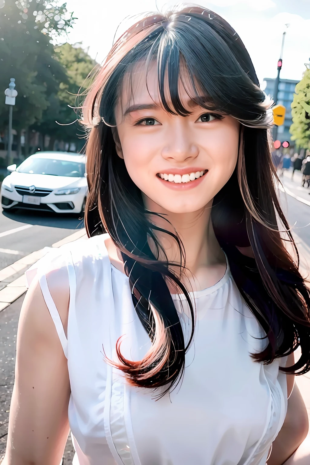 8k, RAW, best quality, ultra high res, 1girl, smile, portrait, closeup, white dress, ash grey color hair, grey hair, bangs, long hair, walking on street, perfect lighting, plain face
, akinav1,
