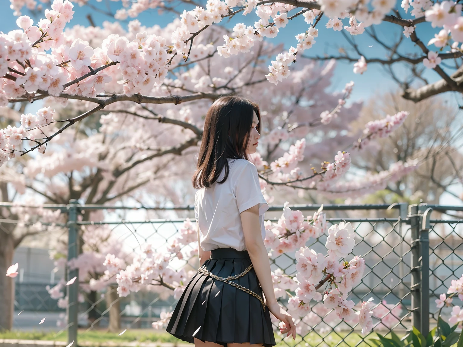 masterpiece, best quality, 1girl, black skirt, branch, building, chain-link fence, cherry blossoms, fence, long hair, outdoors, petals, pleated skirt, rain, shirt, short sleeves, skirt, solo, standing, tree, sky,street，The face is clear，Hand detailing