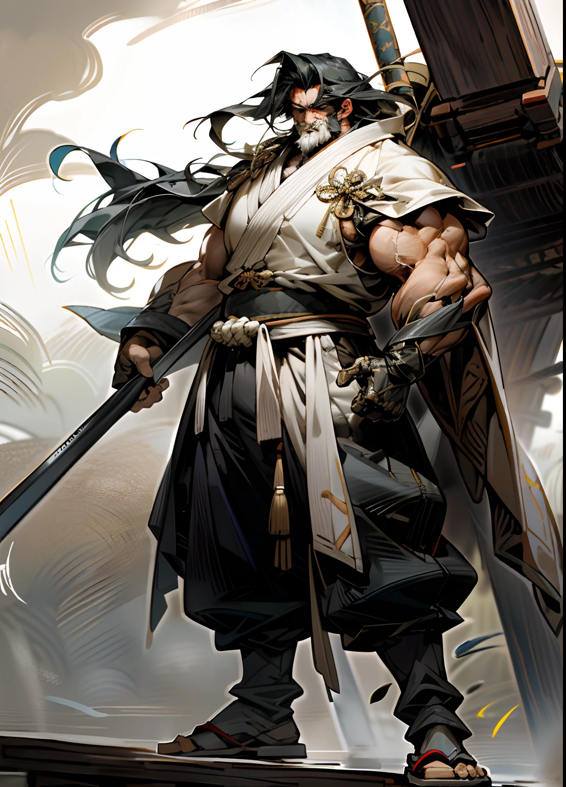 天空，云，holding_weapon，no_humans，发光，Wash painting,full body photo, low angle shot,1male, muscular thick-bodied strongman,thick muscular arms,plump pectoralis braod thick chest,mature,masculine,handsome, long black hair,chinese wuxia clothing,straw sandals，建筑，glowing_eyes，mecha，科幻小说，城市，现实，mecha