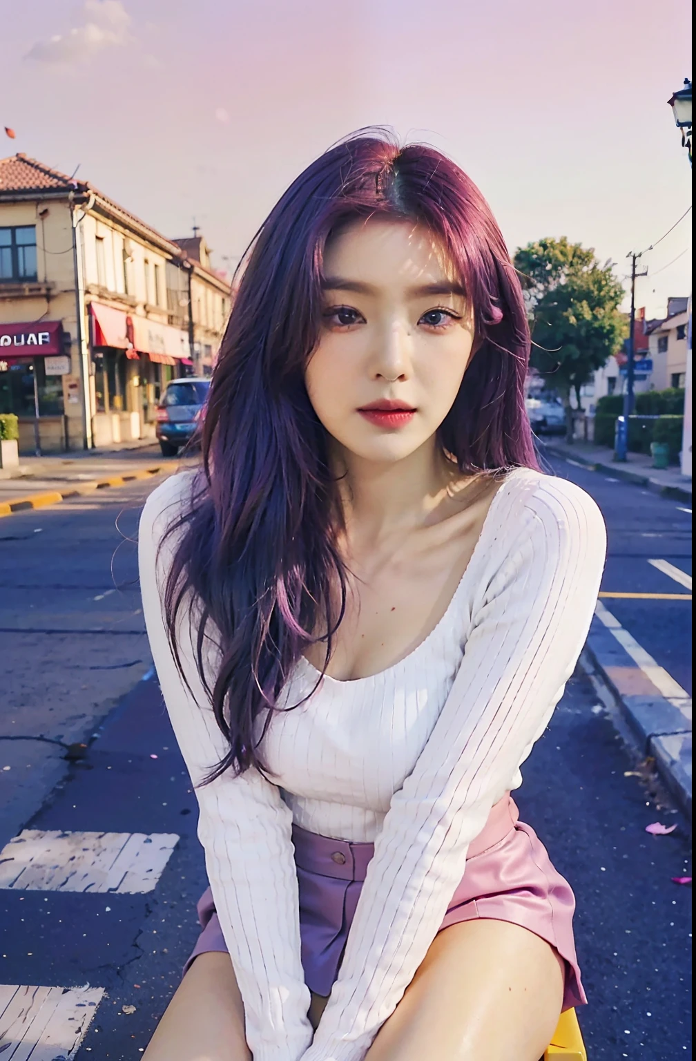 (8K，tmasterpiece，primitive，Beat_quality)，（（A young fashion lady wears a white sweater and a black dress）），(From head to thighs:1.5)，8-point portrait，light make-up，ssmile，high-definition face，super realistic facial features（The camera in her hand)，white skinned，Pearl skin，self-assured，Fine face in detail，beauitful face，largeeyes，Elegant pink hair，The character is close to the camera，Stand in the photo，photography of，Medium hair，Clean skies，some cloud，eventide，cinematic lighitnglamplight，fully functional，Dilapidated factories，There are a lot of details in the environment，The Car，vivd colour，Bright pupils，Perfect woman figure，Breeze in the wind，Pink petals，The train is moving，stairways，the sunset，The sun illuminates the side，There are some tourists in the background，Sense of drama，Fill the walls on either side of the screen， old buildings，The expression of the caricature，Purple colored hair